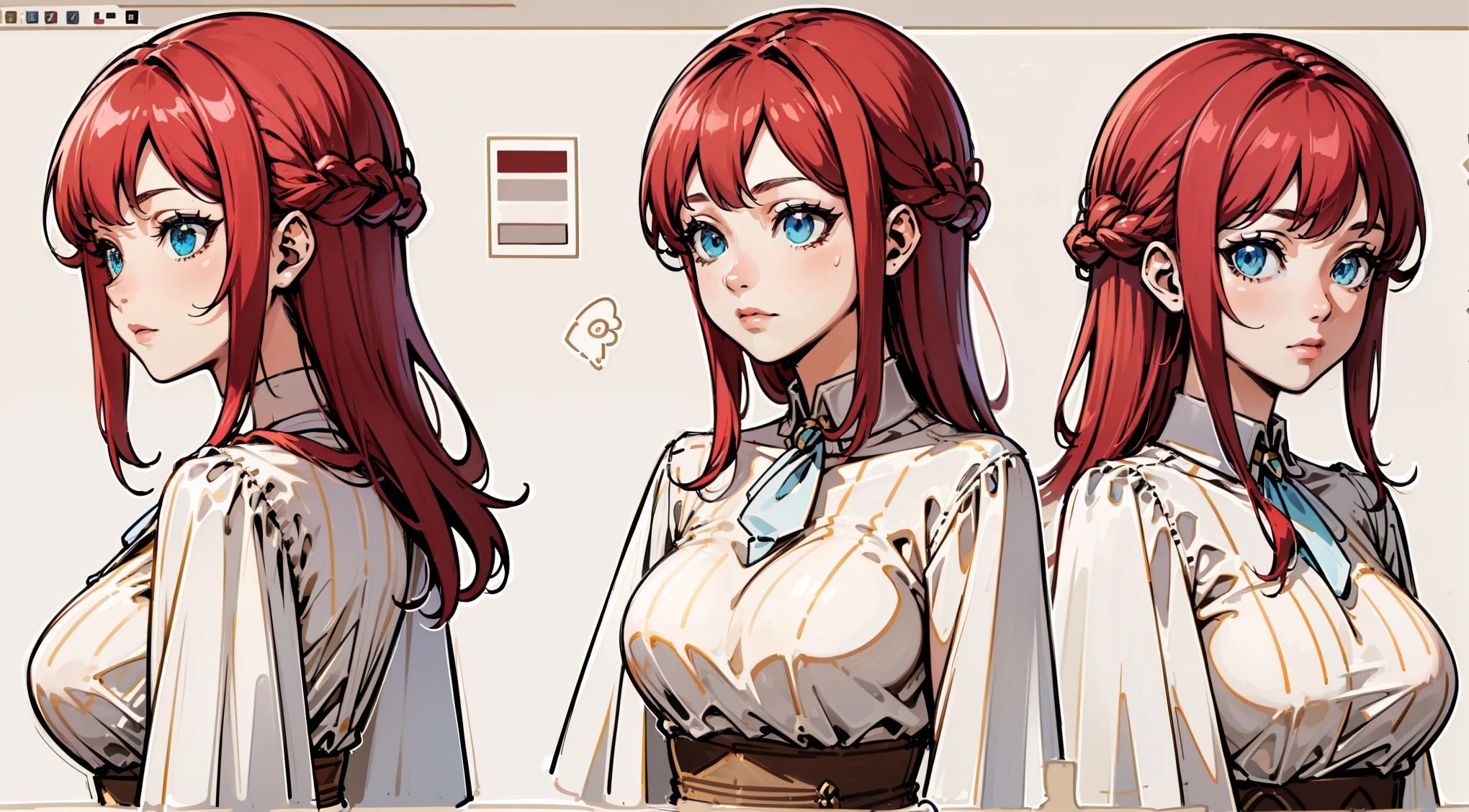 (Masterpiece, highest quality)), one character, adult woman (1), medium breasts, detailed face, character sheet, concept-art, Full body, full of details, multiple poses and expressions, highly detailed, depth, many parts, , super long red hair, beautiful blue eyes