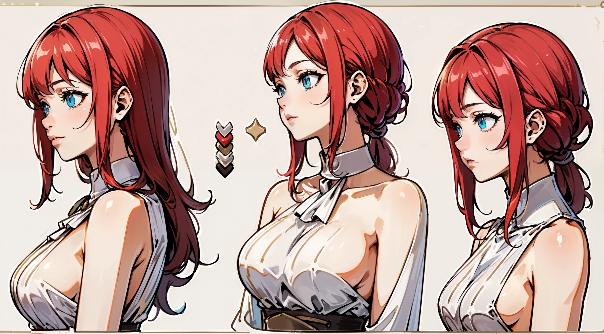 (Masterpiece, highest quality)), one character, adult woman (1), medium breasts, detailed face, character sheet, concept-art, Full body, full of details, multiple poses and expressions, highly detailed, depth, many parts, , super long red hair, beautiful blue eyes