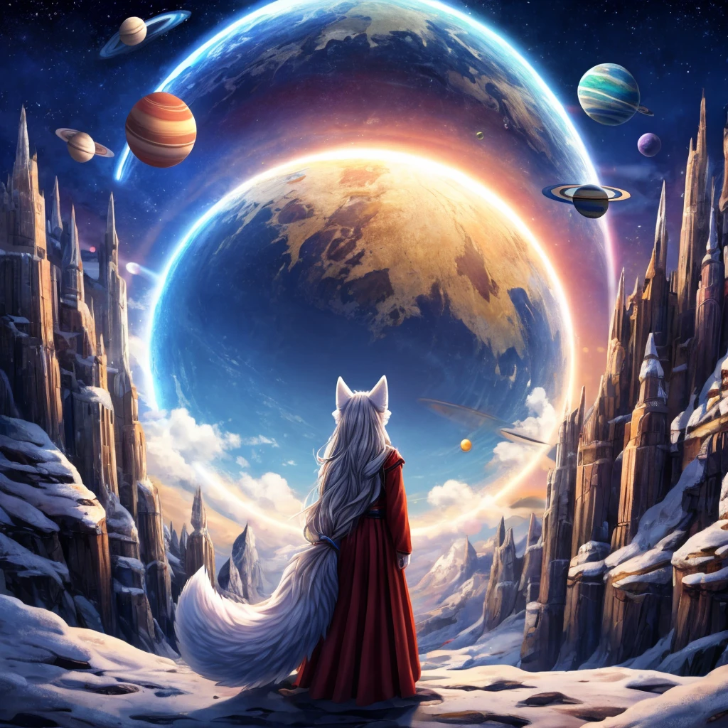 A white fox with long hair, wearing cold clothes, mystical world scenery with planets in the sky