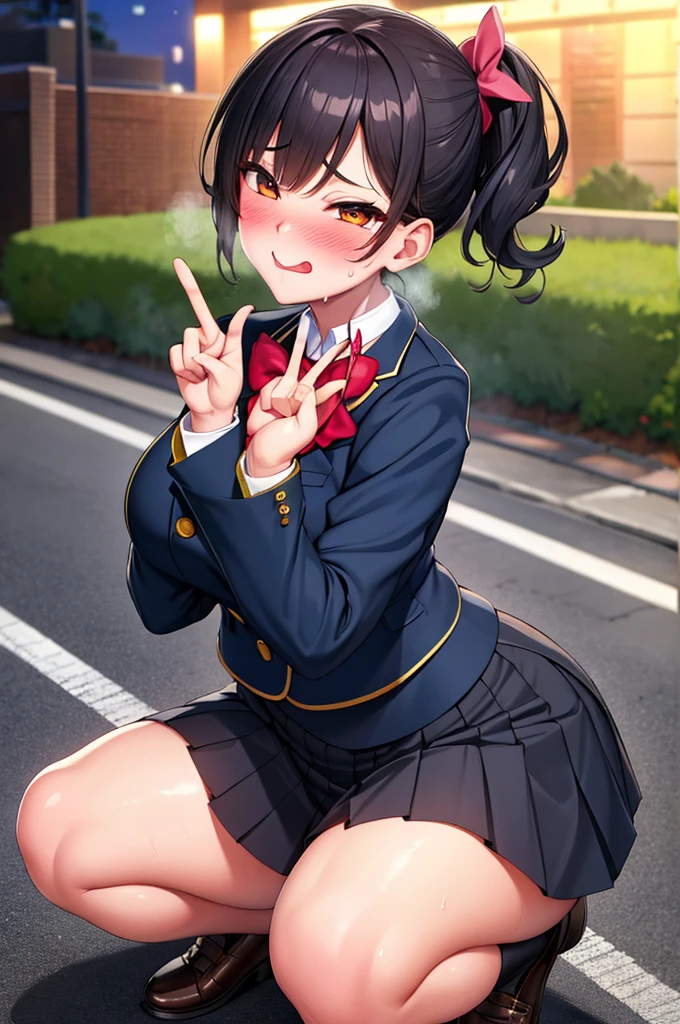 (nsfw),masterpiece,ultra detailed,sharp focus,4k digital art,high resolution,(double peace,peace sign,v sign with both hands:1.5),(suffering and blushed:1.5),bukkake,(adult beautiful face,curvy female),(face focus:1.2),navy blazer,pleated skirt,bow tie,(black hair,medium straight hair),tongue,at natural public park,night,outdoor,night light,(sweaty:1.2),grinning,cum on face,(trembling,flying heart-shapes),(squatting and spreading legs),open mouth,pubic hair,loafers