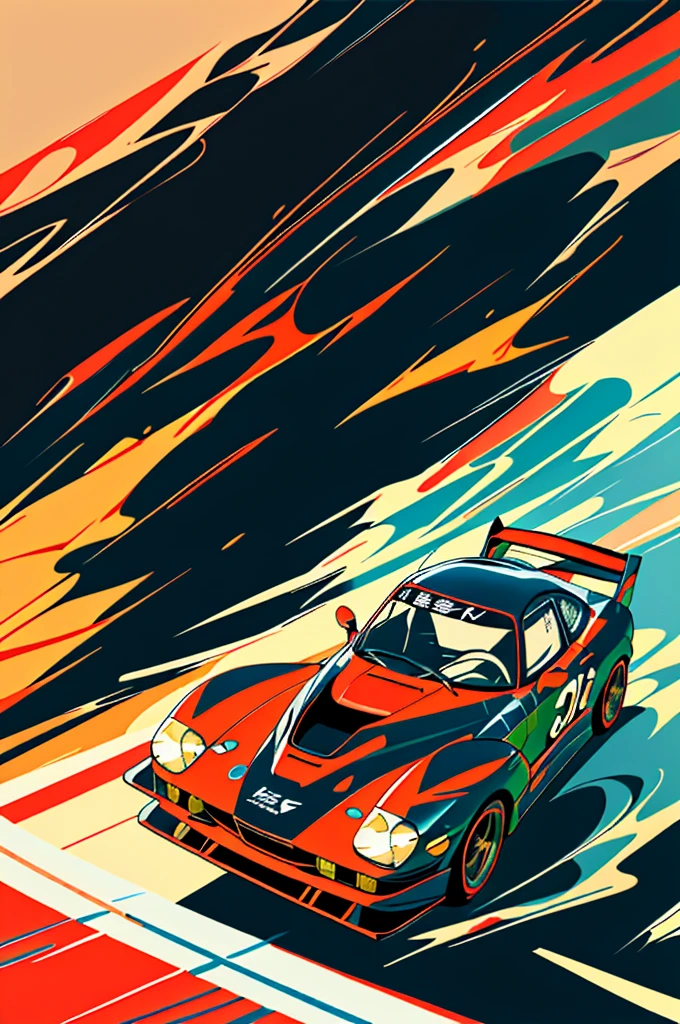 Masterpiece, best quality illustration for a magazine about cars, Japanese racing car standing proudly on the road, engines revving up, during the golden hours of sunset. Realistic and vibrant colors capturing the essence of the setting sun, sleek and detailed lines accentuating the Japanese racing car's power and elegance. The car's tires grip the asphalt, leaving behind a trail of smoke, highlighting the dynamic and exhilarating nature of Japanese racing culture. The illustration exudes a sense of energy and intensity, transporting viewers to the heart of the racing scene.