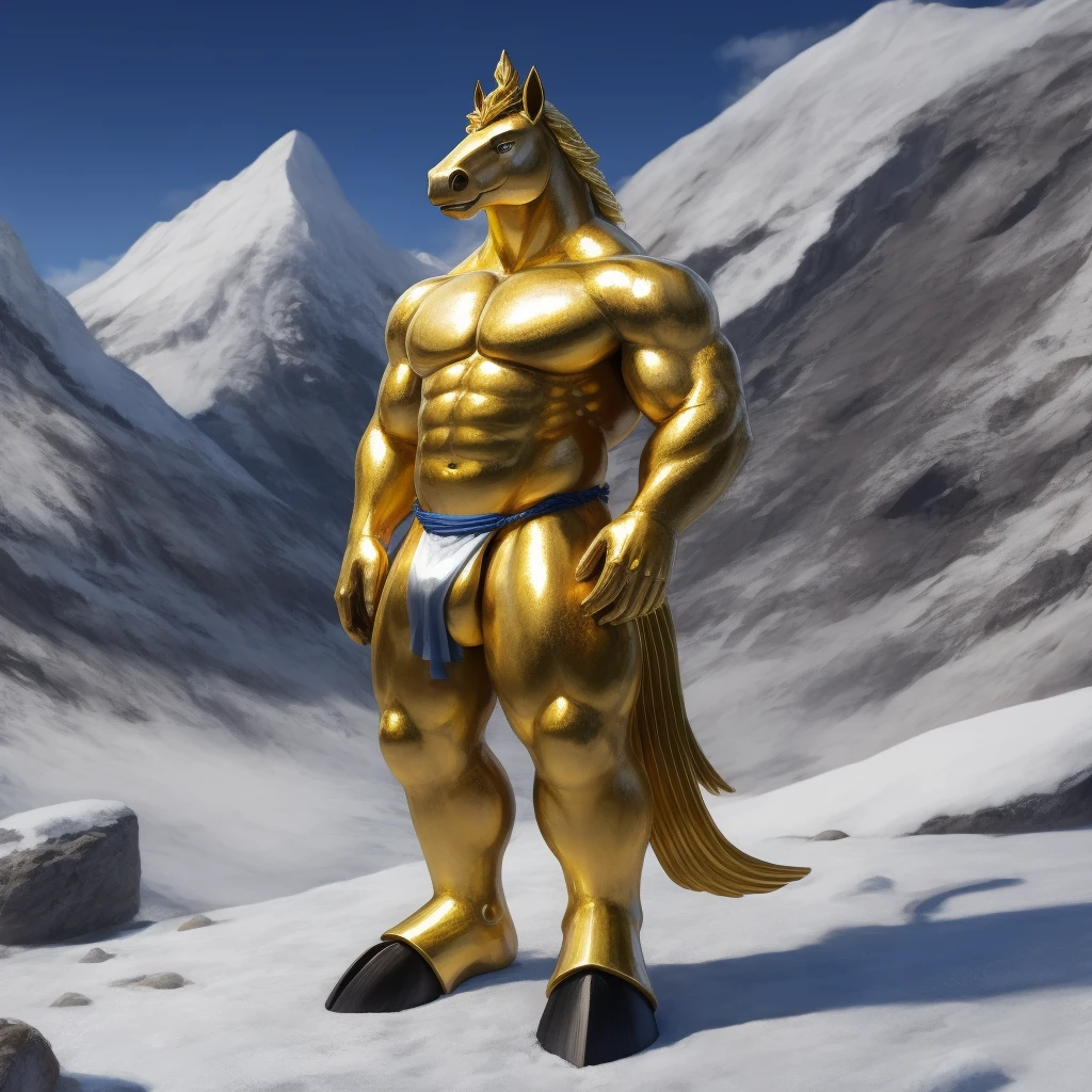 Furry, Antro, Estatua de Oro Metalica [Horse color Oro Metal] , Espalda , [Fundoshi Bulto Male Big], [Fundoshi Gold Dorado], Solo, De Espaldas, [Bulto Male Big], Hooves , Big Balls, Detallado 4k, cuerpo completo, cuerpo furry Goldeen metal, snowy mountain background, pupil Eyes blue, Alta resolucion, Particulas doradas, Metal Gold