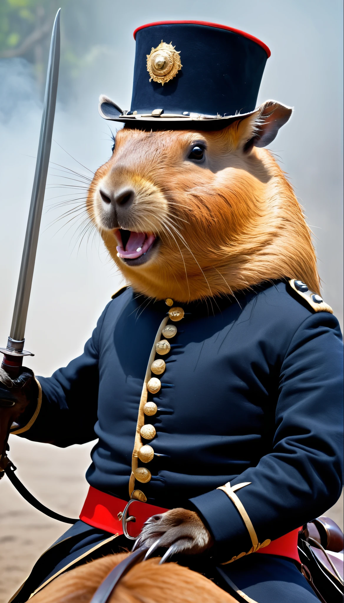 realistic, parody, abstract, capybara, capybara dressed as a Union general during the American Civil War, sitting on a horse with a saber in his hand and shouting orders, immersive Civil War background,