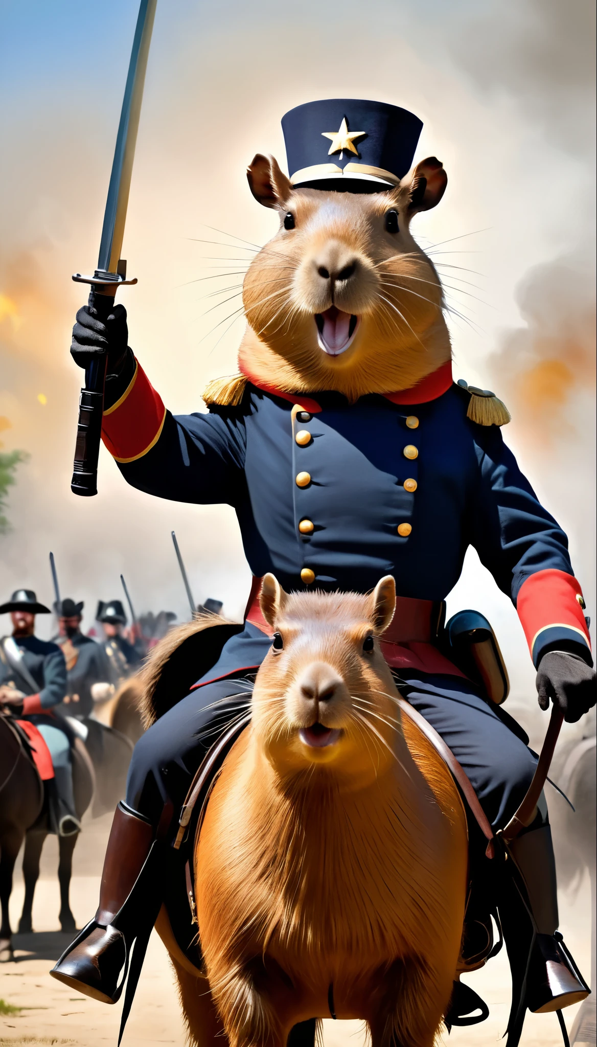 realistic, parody, abstract, capybara, capybara dressed as a Union general during the American Civil War, sitting on a horse with a saber in his hand and shouting orders, immersive Civil War background,