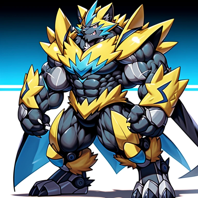 (Pokémon) Zeraora's giant robot. big muscle. GIANT. pecs, triceps, traps, waist narrow. body full of huge muscles. 
He wears a black cloak on his back. The cloak is so long that it touches the ground, The claws are sharp, Sharp teeth, Protecting Zeraora's design and color scheme. Wearing cyberpunk mecha, Its full plate armor emphasizes the muscles. He wears the same armor as himself from head to foot. unusually developed muscular body, (Pokémon) A Zeraora at the bodybuilding competition, massive, huge muscular bodybuilder with extraordinary biceps, pecs, triceps, traps, gigachad, 300 lbs.