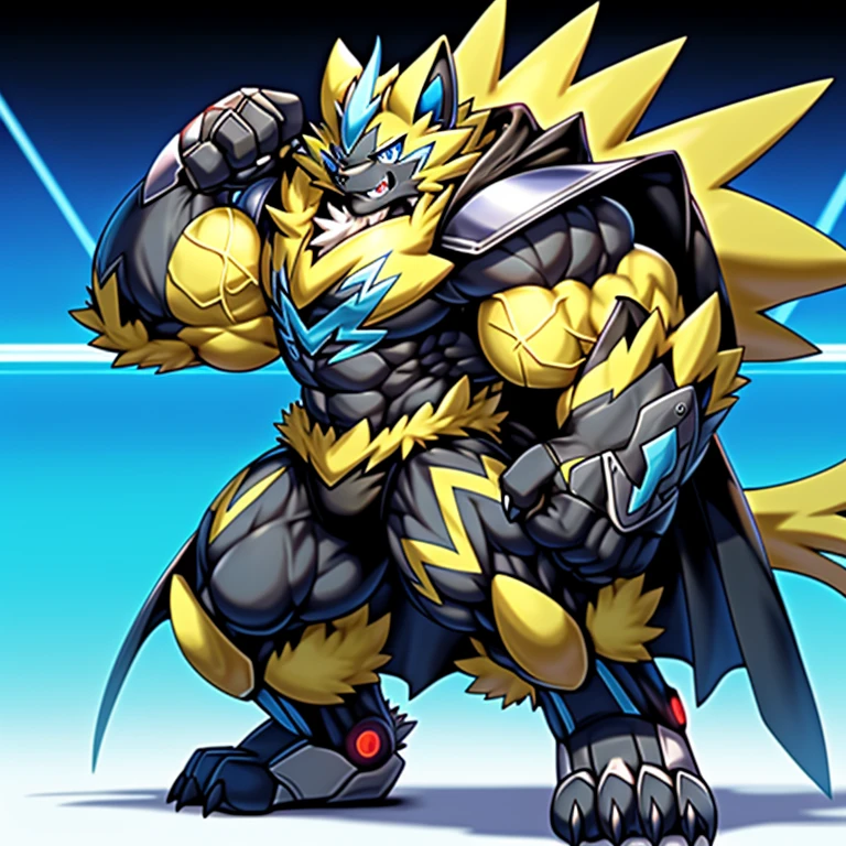 (Pokémon) Zeraora's giant robot. big muscle. GIANT. pecs, triceps, traps, waist narrow. body full of huge muscles. 
He wears a black cloak on his back. The cloak is so long that it touches the ground, The claws are sharp, Sharp teeth, Protecting Zeraora's design and color scheme. Wearing cyberpunk mecha, Its full plate armor emphasizes the muscles. He wears the same armor as himself from head to foot. unusually developed muscular body, (Pokémon) A Zeraora at the bodybuilding competition, massive, huge muscular bodybuilder with extraordinary biceps, pecs, triceps, traps, gigachad, 300 lbs.