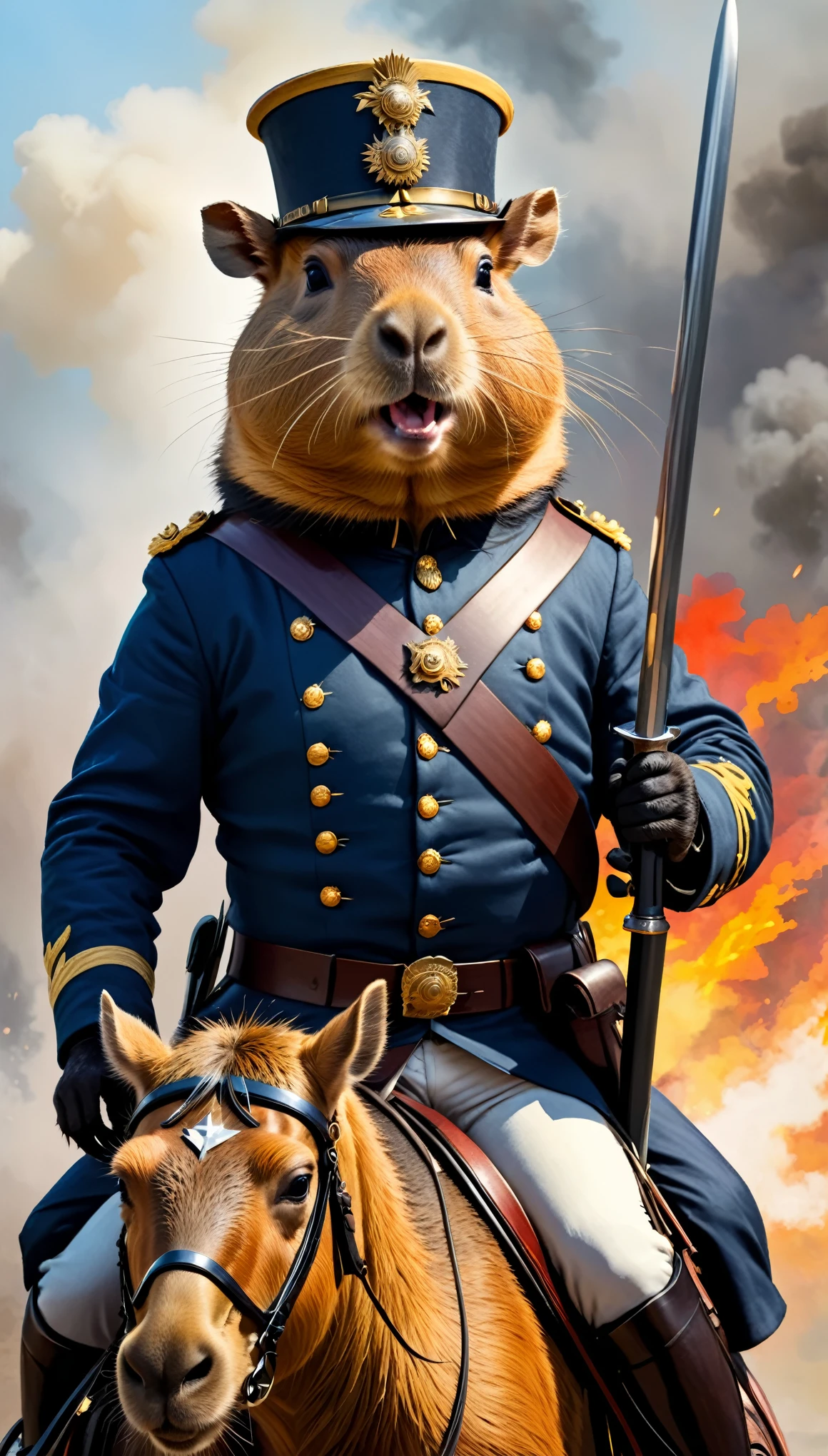 realistic, parody, abstract, capybara, capybara dressed as a Union general during the American Civil War, sitting on a horse with a saber in his hand and shouting orders, immersive Civil War background,