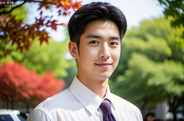 (( big eyes and keep eyes contact ))(( real photos))((highest quality))The light on the face is natural and realistic(( Smile and comfortable )) (One wearing a white shirt、Asian man in suit and tie,Age 28.Height 182 cm)、best quality、masterpiece、Ultra-high resolution、(Photo realism:1.4)、Full body image、(A young handsome man in a suit standing on the street outdoor、Standing under the red maple tree、Red and big maple leaves、delicate leaves、branch details)、(A white BMW car next to the man、Man's hands on car roof)Octane Rendering、8K、Super sharp、realistic light、(There is only one car on the street、man's big shining eyes、looking in the direction of the camera)、、Ultra high quality、tall gentleman、very beautiful hair、Bright photos、As handsome as a model、As handsome as an idol,Professional profile photo, Professional portrait photos、Realistic portrait photos, Detailed color portrait, Portrait of an idol, High quality full body portrait photos.