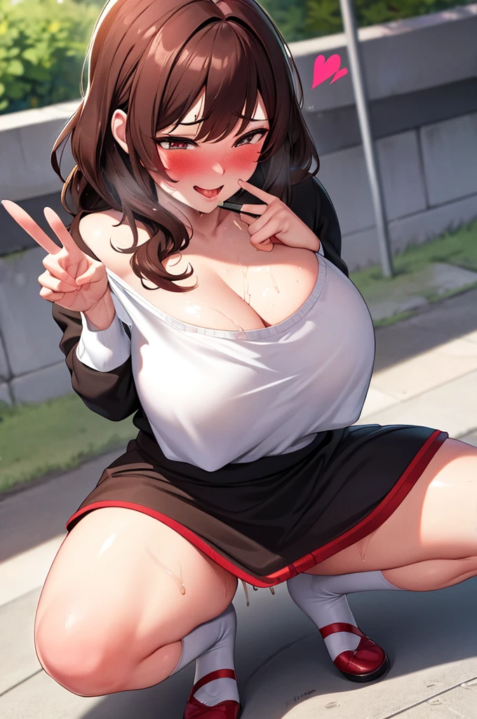 (nsfw),masterpiece,ultra detailed,sharp focus,high resolution,(v sign with both hands:1.5),(aroused and blushed:1.5),bukkake,curvy female,(face focus),off-the -shoulder sweater and short skirt,brown wavy hair,tongue,(sweaty:1.2),at morning,public park,grinning,cum on face,(trembling,flying heart-shapes),(squatting and spreading legs),pubic hair