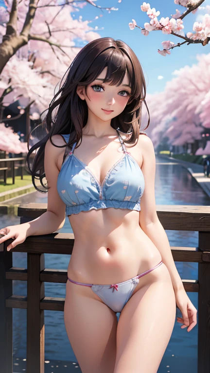 ((masterpiece, highest quality, High resolution, Hyper HD, Pixel perfect, Depth of written boundary, 4K, RTTX 10.0, High resolution))), One girl, single, alone, Beautiful Anime Girls, Beautiful art style, Anime Figures, ((Long Hair, bangs, Brown Hair, Curly Hair:0.8)), ((Shining Eyes、Light blue eyes:1.4, Round eyes, Beautiful eyelashes, Realistic eyes)), ((Detailed face, Blushing:1.2)), ((Smooth texture:0.75, Realistic texture:0.65, Realistic:1.1, Anime CG Style)), Medium chest, Dynamic Angle, Perfect body, ((viewing angle, Dynamic pose, Portraiture)), ((,Pasties、Belly button, White thin panties、Beautiful thighs)), (whole body:1.4)、smile, Open your mouth, amusement park, ((Cherry tree, Cherry blossoms fall)), Natural light, Bright sky, sunlight