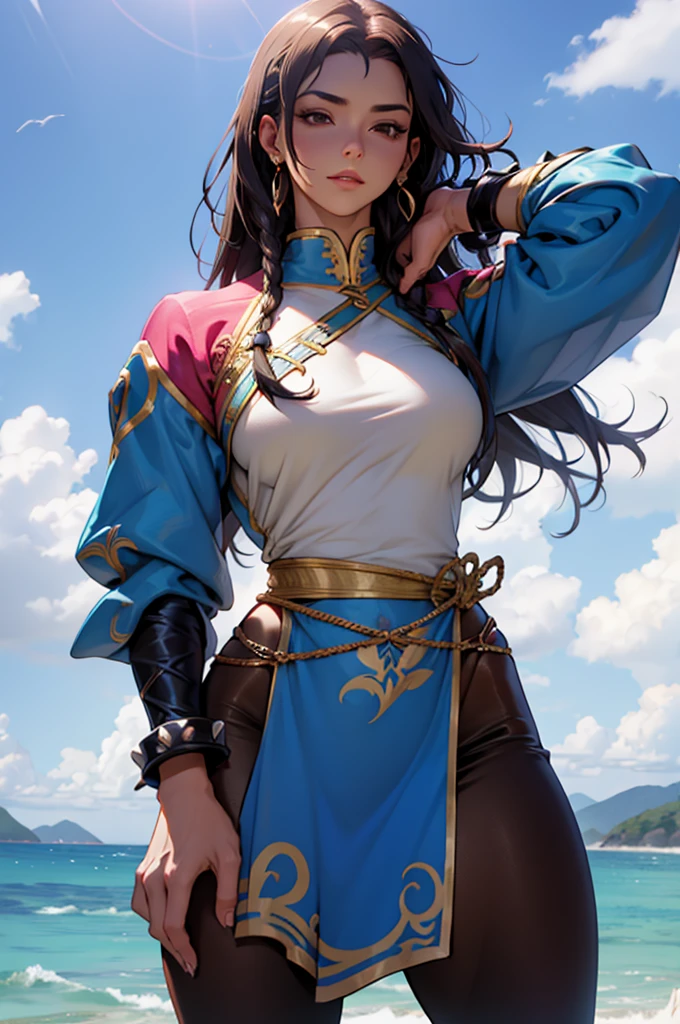 Chun-Li,linda jovem com uniforme azul classico, coxas grossas, belas coxas sexy,um pouco muscolosa, cabelo preso, black tights,cidade chinesa a tarde, Standing alone.solo, roupa azul, saia azul, olhar serio, belos olhos, belo rosto bem detalhado, olhos e sobrancelhas detalhado.olhos castanhos escuros,olhas sexy, belo sorriso sexy