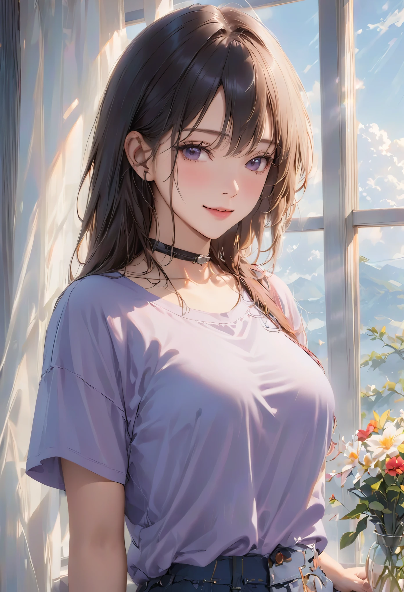 (Higher resolution, Clearly_image) best quality, A woman, masterpiece, Very detailed, Semi-realistic, 21 years old, fair, young, Handsome, t-shirt, Lilac shirt, Collar around the neck, Internal, modern room, window, wake up, morning, blush, Smile