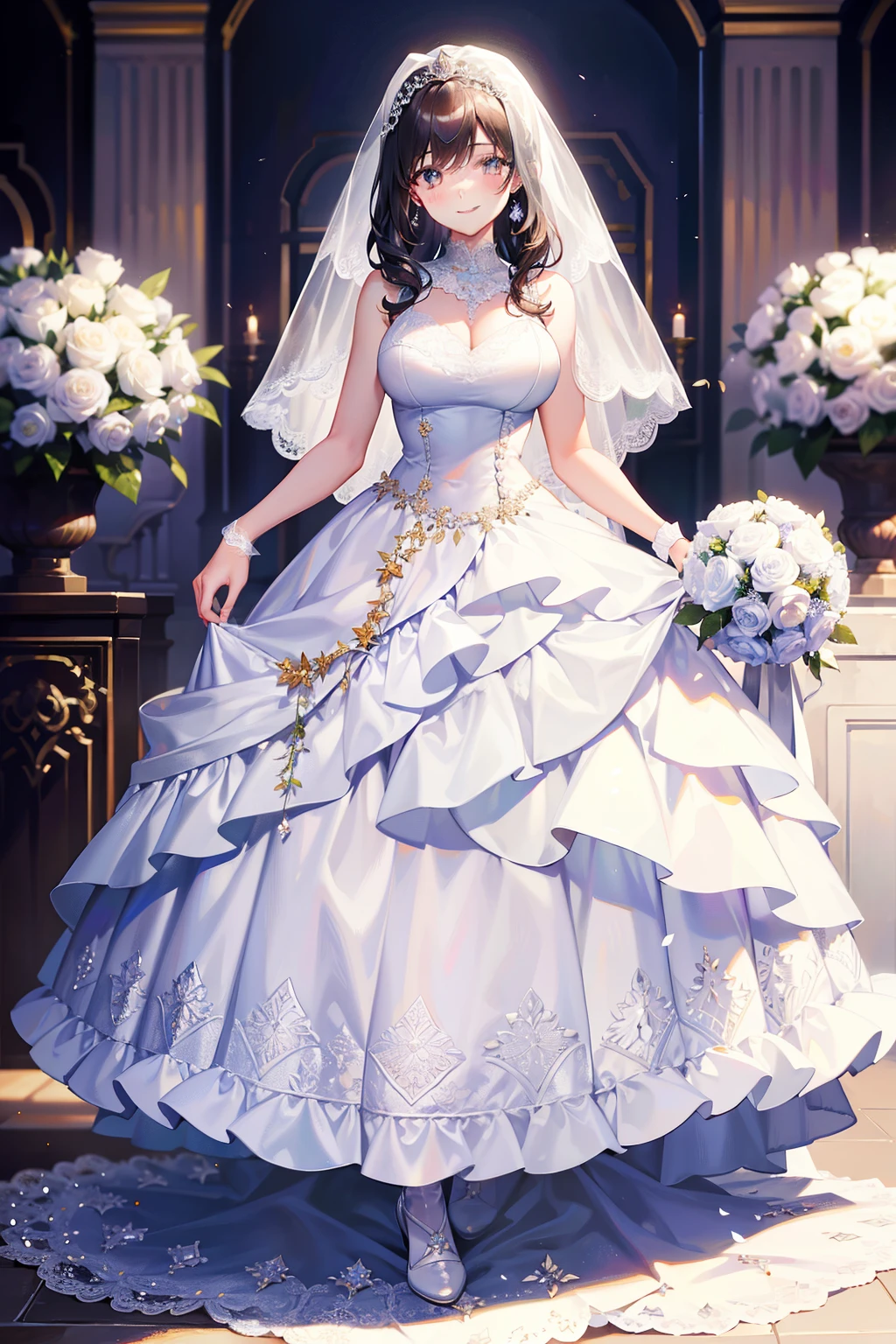 ，wedding gown，Bride，marriage，Beautifully dressed，Shiny clothes，Lace on clothes，Clothes lace，Large skirt，Lace trim，stand posture，facing the front there，Flowers in hand，smile，light yarn，up angle