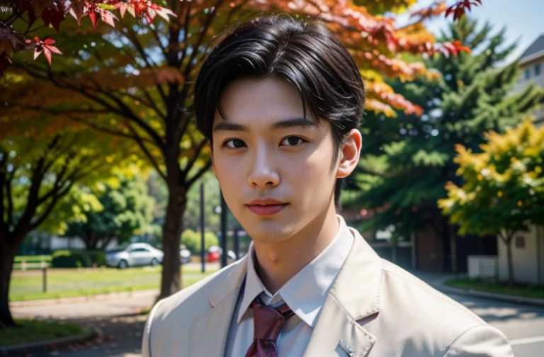 (( big eyes and keep eyes contact ))(( real photos))((highest quality))The light on the face is natural and realistic(( Smile and comfortable )) (One wearing a white shirt、Asian man in suit and tie,Age 28.Height 182 cm)、best quality、masterpiece、Ultra-high resolution、(Photo realism:1.4)、Full body image、(A young handsome man in a suit standing on the street outdoor、Standing under the red maple tree、Red and big maple leaves、delicate leaves、branch details)、(A white BMW car next to the man、Man's hands on car roof)Octane Rendering、8K、Super sharp、realistic light、(There is only one car on the street、man's big shining eyes、looking in the direction of the camera)、、Ultra high quality、tall gentleman、very beautiful hair、Bright photos、As handsome as a model、As handsome as an idol,Professional profile photo, Professional portrait photos、Realistic portrait photos, Detailed color portrait, Portrait of an idol, High quality full body portrait photos.