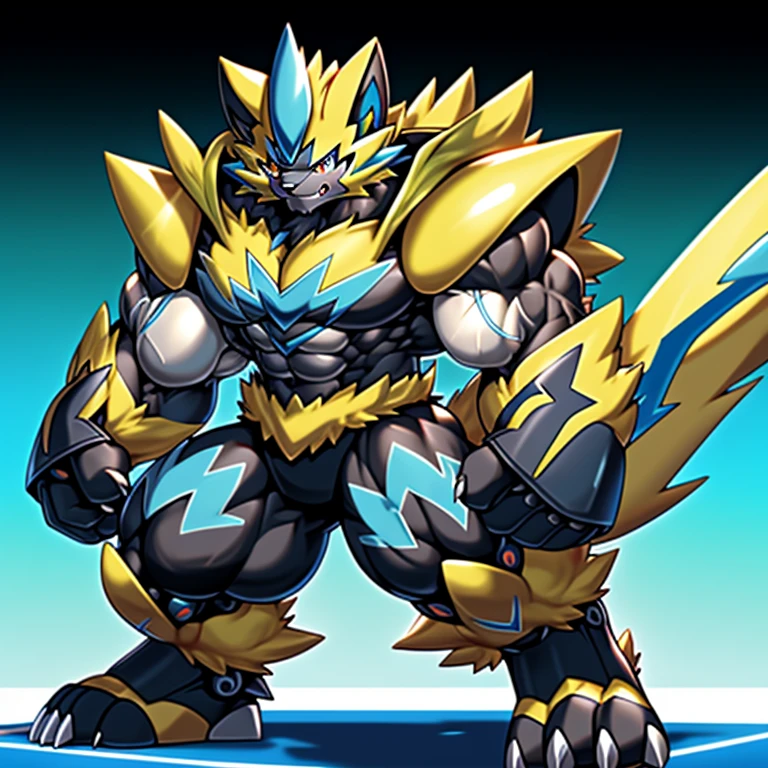 (Pokémon) Zeraora's giant robot. big muscle. GIANT. pecs, triceps, traps, waist narrow. body full of huge muscles. 
He wears a black cloak on his back. The cloak is so long that it touches the ground, The claws are sharp, Sharp teeth, Protecting Zeraora's design and color scheme. Wearing cyberpunk mecha, Its full plate armor emphasizes the muscles. He wears the same armor as himself from head to foot. unusually developed muscular body, (Pokémon) A Zeraora at the bodybuilding competition, massive, huge muscular bodybuilder with extraordinary biceps, pecs, triceps, traps, gigachad, 300 lbs.