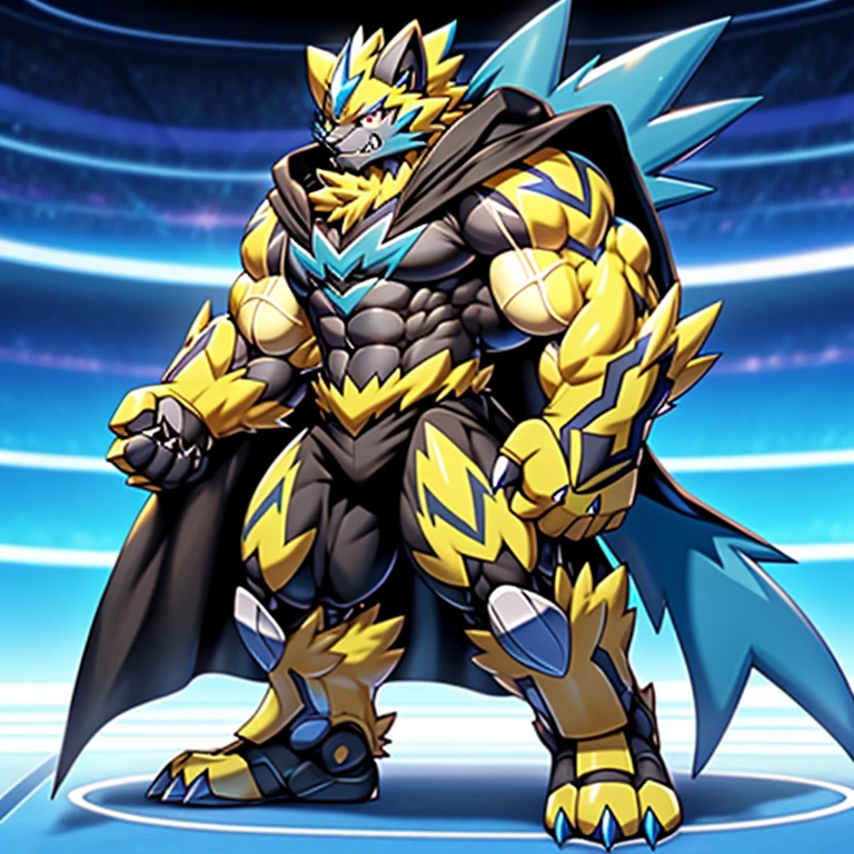 (Pokémon) Zeraora's giant robot. big muscle. GIANT. pecs, triceps, traps, waist narrow. body full of huge muscles. 
He wears a black cloak on his back. The cloak is so long that it touches the ground, The claws are sharp, Sharp teeth, Protecting Zeraora's design and color scheme. Wearing cyberpunk mecha, Its full plate armor emphasizes the muscles. He wears the same armor as himself from head to foot. unusually developed muscular body, (Pokémon) A Zeraora at the bodybuilding competition, massive, huge muscular bodybuilder with extraordinary biceps, pecs, triceps, traps, gigachad, 300 lbs.