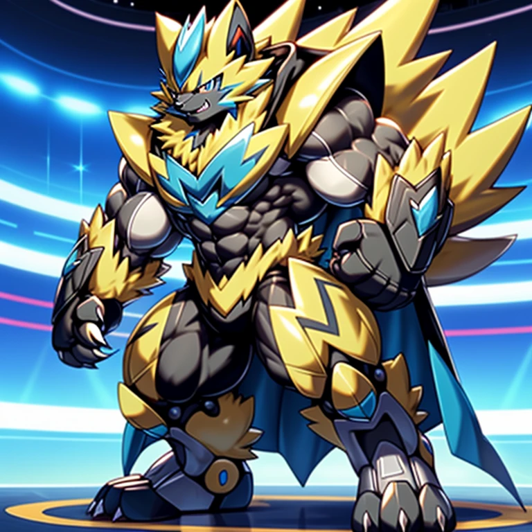 (Pokémon) Zeraora's giant robot. big muscle. GIANT. pecs, triceps, traps, waist narrow. body full of huge muscles. 
He wears a black cloak on his back. The cloak is so long that it touches the ground, The claws are sharp, Sharp teeth, Protecting Zeraora's design and color scheme. Wearing cyberpunk mecha, Its full plate armor emphasizes the muscles. He wears the same armor as himself from head to foot. unusually developed muscular body, (Pokémon) A Zeraora at the bodybuilding competition, massive, huge muscular bodybuilder with extraordinary biceps, pecs, triceps, traps, gigachad, 300 lbs.