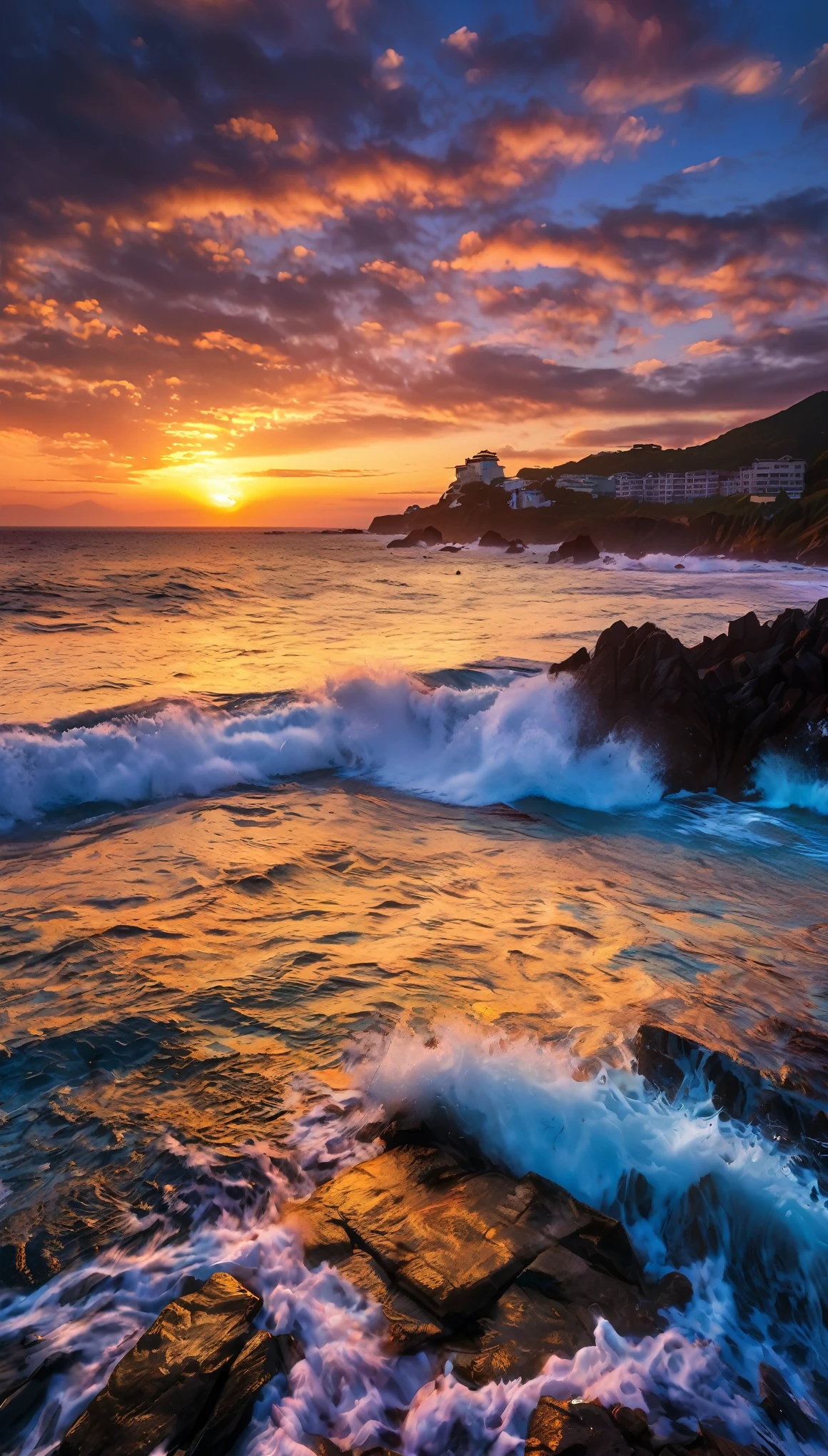Arafedo view of the sunset over the ocean with waves crashing, vivid sunrise, Breathtaking色彩, Breathtaking表情, vivid sunset, Breathtaking構成, beautiful海の風景, Amazing sunset, Great background, sunset, beautiful背景, beautiful、dream-like、Breathtaking, Mark Adams, 暖かくbeautiful景色, Spectacular sunset, beautiful夕日, beautiful sunset, beautiful海