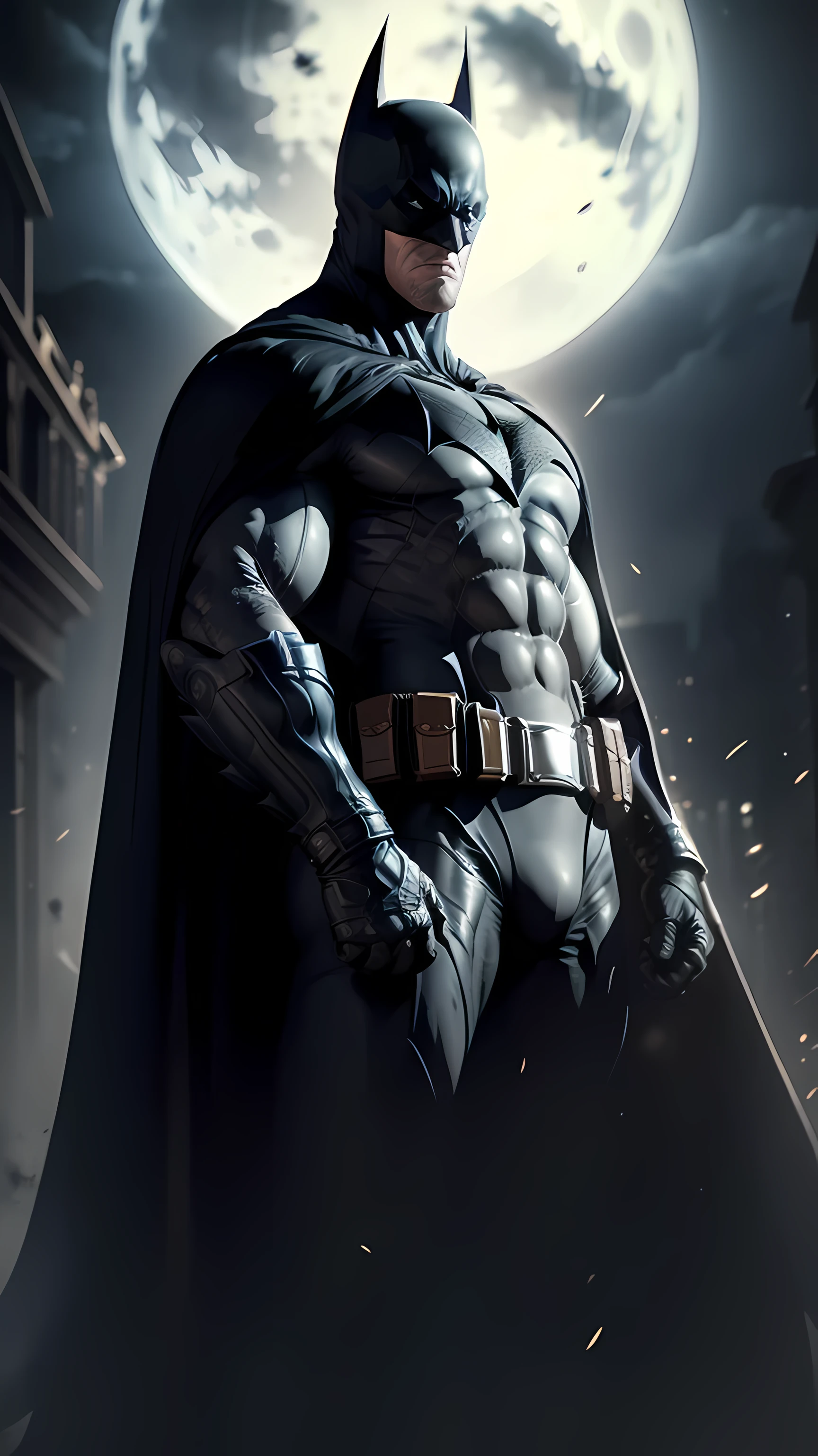 Super powerful), (Handsome and menacing face: 1.2), Batman, on a dark night with a full moon and low light, black cape, (Extremely detailed CG: 1.3), Depth of field, Cinematic lighting, Lens flare, ( Dramatic and sinister atmosphere: 1.5), (formidable figure: 1.4), standing confidently, (large and imposing frame: 1.1), luminous eyes, (very complex and realistic texture: 1.2), glowing sinisterly in the dark, masterpiece , high quality image, sharp, defined face, perfect hands,