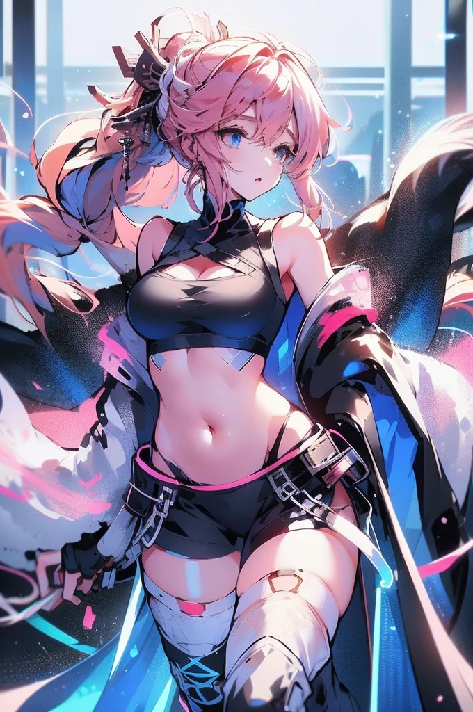 Anime Kawaii sexy Perfect Slim sensual body large breast and huge thighs, An intricate and highly detailed illustration of anime (Young girl) ((Masterpiece)), best quality, absurderes, ultra detailed, holographic, cowboy shot, golden ratio, super cute girl, mature girl, idol girl, super beautiful asian girl with very beautiful violet glowing eyes, beautiful glowing brown multicolored hair, high ponytail, nice and sexy body, slim body, perfect body, an anime printed super tight off shoulder long sleeve crop top, wearing super tight anime print micro shorts, a super aesthetic transparent mini jacket, beautiful hair ornament, pink jordan tennis, being photographed in a mall shop,( undressing, taking off micro shorts, showing neon pink panties, showing thong: 1.5)