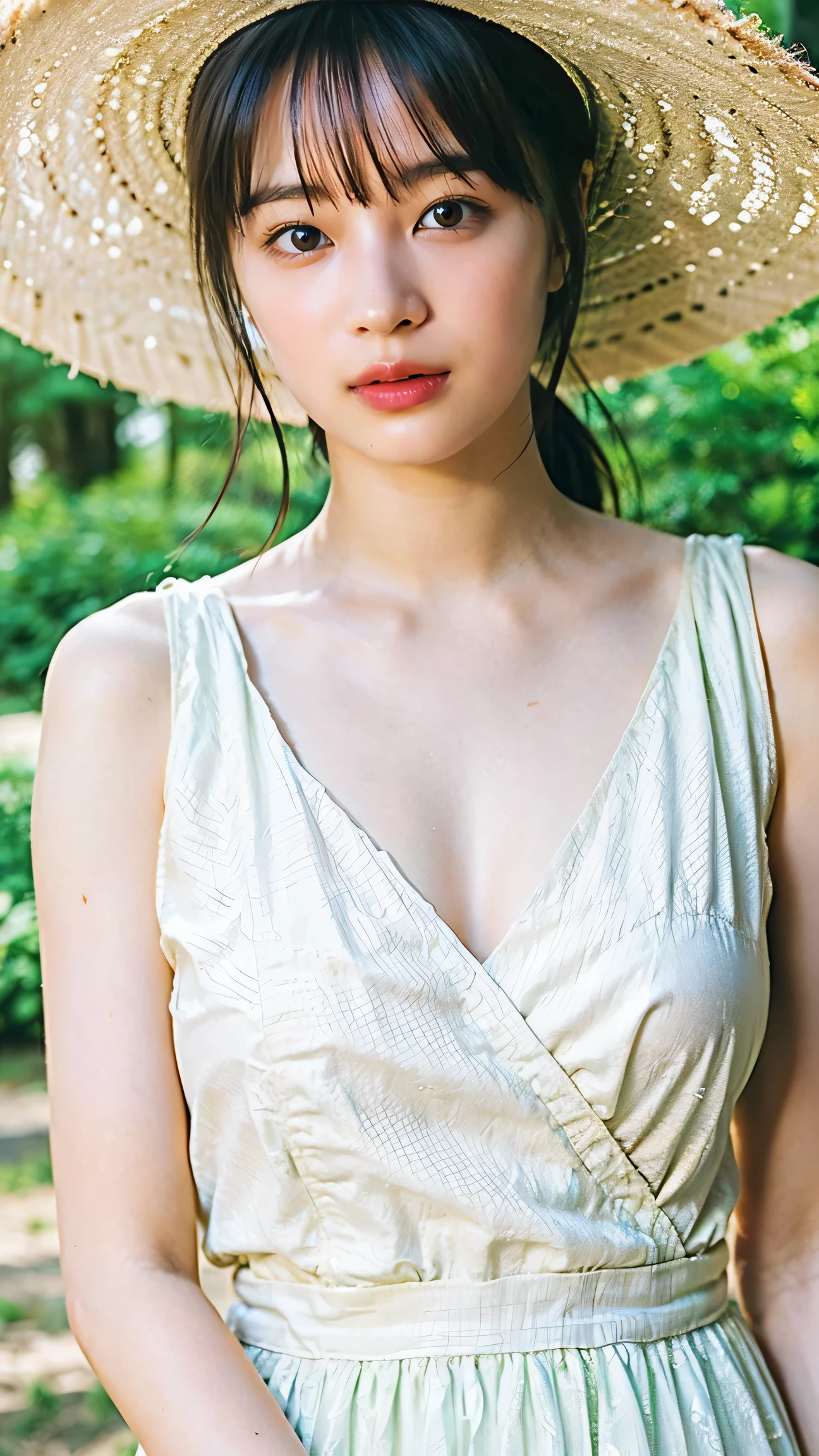 (8k、RAW Photos、highest quality、masterpiece:1.2)、(Realistic、Photorealistic)、1 girl、((White dress、Straw hat、See-through、silk、Big Breasts、in the forest、Sandalium Hair))、smile、Lots of eyelashes、Add shine to your eyelids、skeletally correct