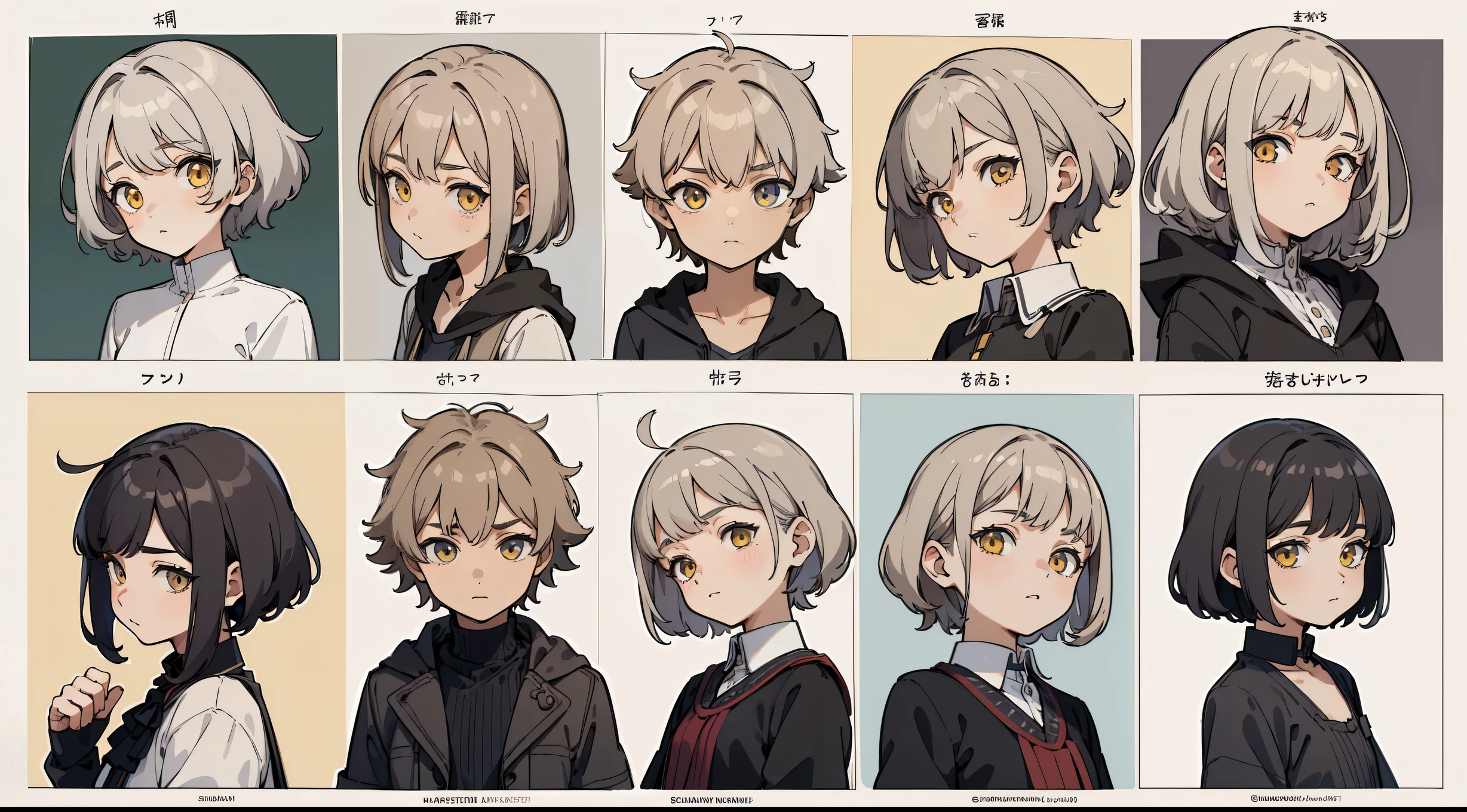 ((Masterpiece, Highest quality)), Detailed face, character sheets, full bodyesbian, 1boys,shoun,children's,Babe, Yellow eyes, Gray hair, short detailed hair, Messy hair, , hair between eye,Black loose blouse, Full of details, Multiple poses and expressions, Highly detailed, Depth, Many parts