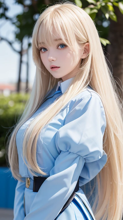 Solo Girl, Uniforms, blue sky, Bright and beautiful face, Skin is still young, shining, fair and shining, best appearance, Golden hair reflects the dazzling light, Beautiful platinum blonde extra long silky straight hair with shining shine, Long bangs, very beautiful , The big eyes shine with transparent light blue light, beautiful wonderful beautiful girl,exposed