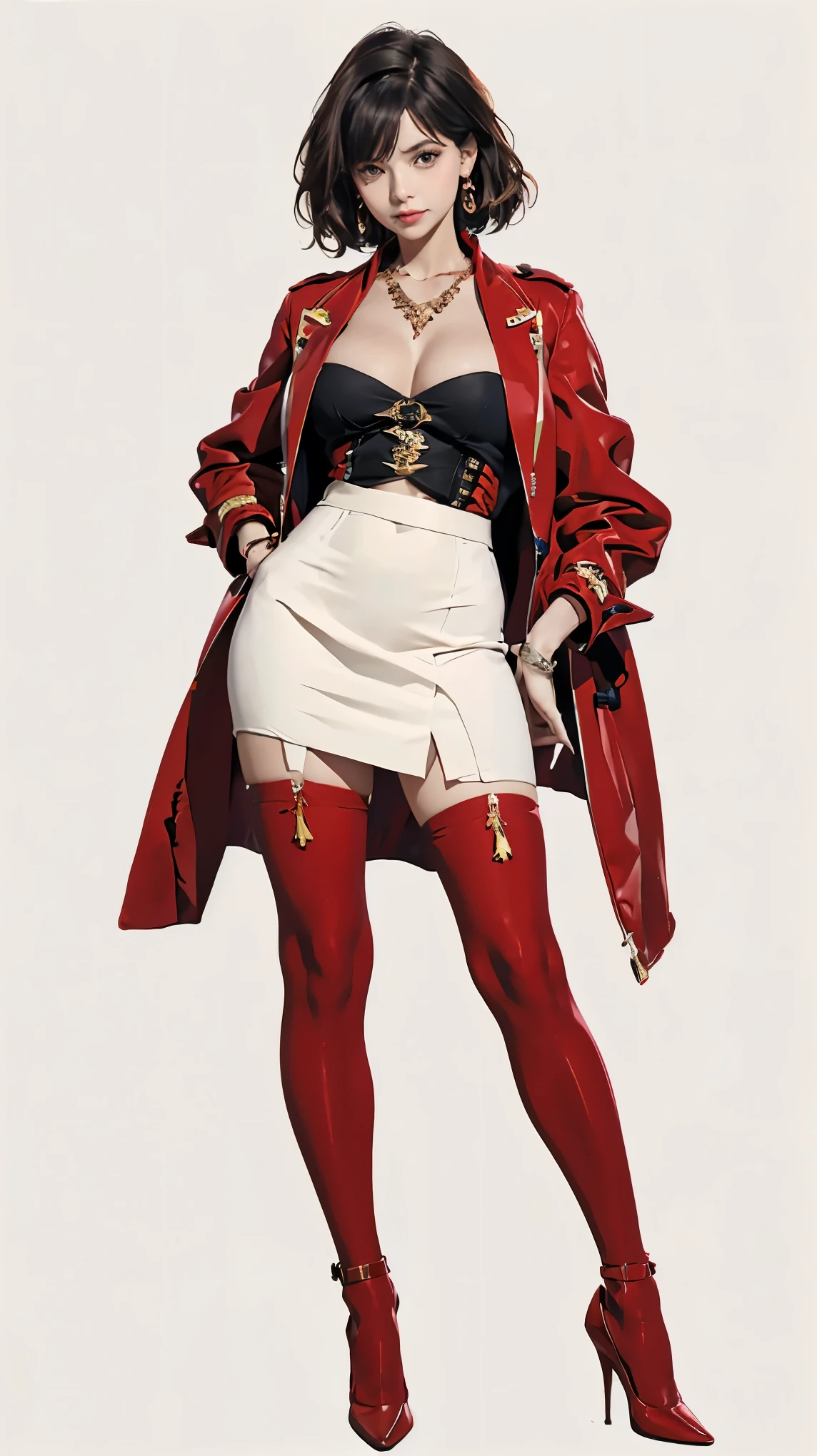 ((best quality,4k,highres,masterpiece:1.2)),((character concept art)), 1 female, age 24. Known for her provocative style and high sexual desire, Ashley embodies the role of a dynamic and captivating anchorwoman. Her body language is as commanding as her looks, always exuding confidence and sensuality. (((She's wearing a bright red Valentino Garavani Crepe Couture Double-Breasted Jacket that highlights her augmented figure, perfectly embodying the balance between luxury and functionality. The jacket is paired with a provocative white shirt and a matching red pencil skirt))). (((She enhances her look with laced stockings and sky-high Christian Louboutin heels))), carrying her ensemble with an air of unapologetic confidence. Her accessories include a Chanel pendant necklace that rests on her ample cleavage. ((intricate detail)), super finely detailed hands, ultra finely detailed fingers(((ten fingers))), (standing confidently), (full body showcase), (show full body), (no logos on background), (no logo), ((plain background)), ((plain background)), (((empty background))).