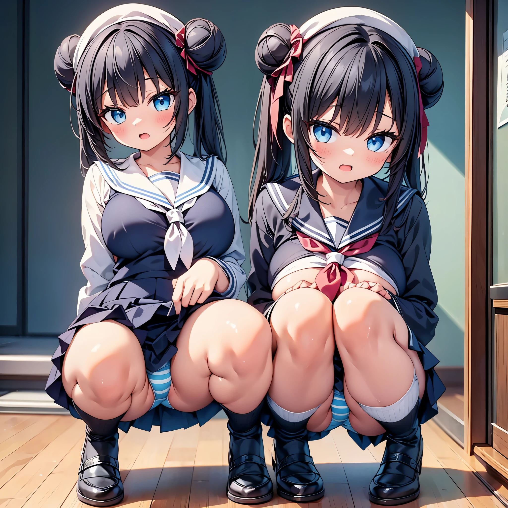 (cute eyes:1.2),highest quality,wonderful,finely,extremely detailed CG Unity 8K wallpaper,(2 Girls,Black Hair, Blue Eyes,double bun), (huge breasts), (squatting,open legs:1.2), (Sailor suit:1.1), (Light blue striped underwear:1.1),(open mouth:1.1),(zettai ryouiki:1.3)