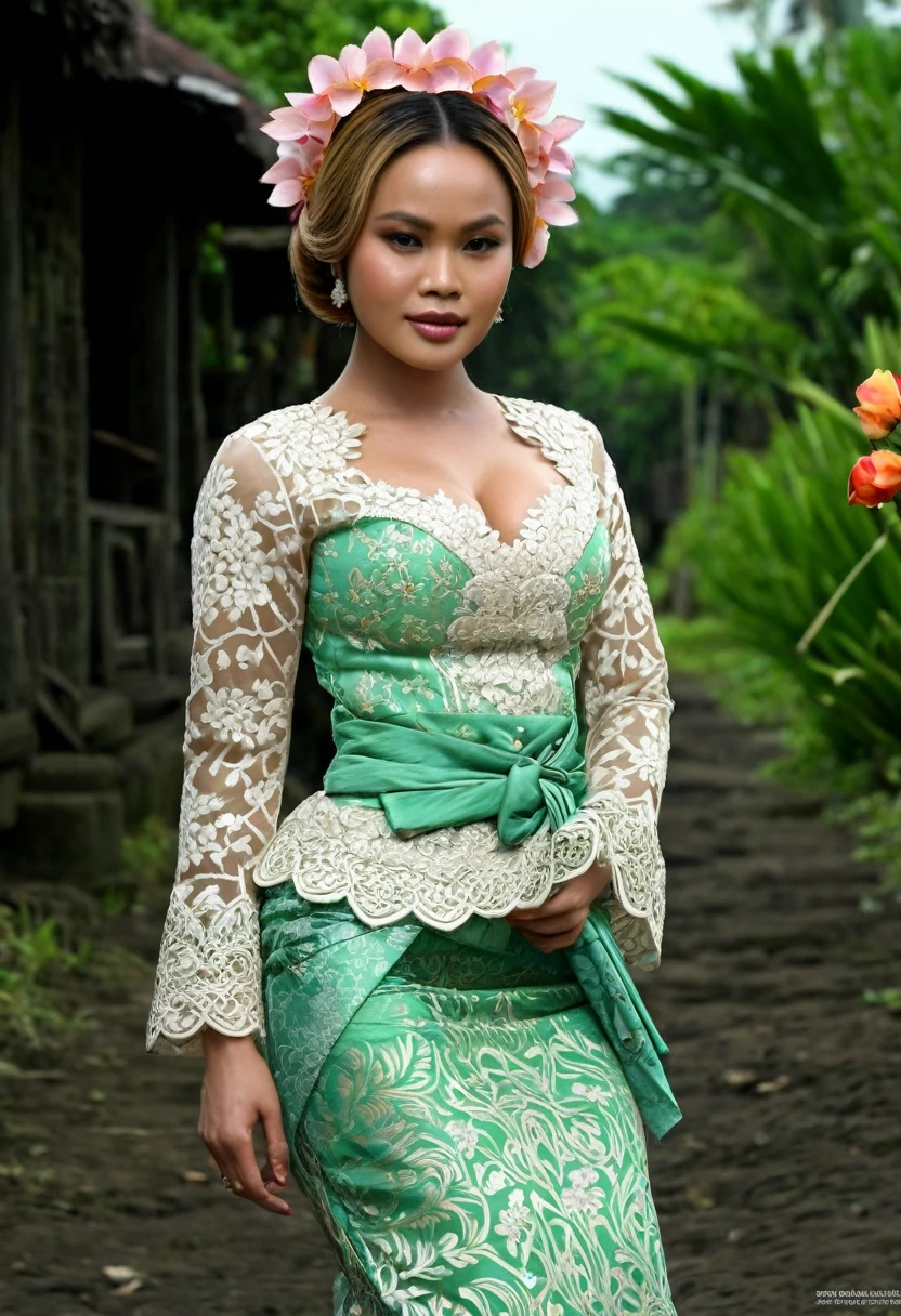 full body photo (abbie_cornish:0.6) Indonesian princess wearing kebaya in the village, very detailed face, lips, realistic, solo, medium breasts, firm skin, puffy, face, masterpiece, best quality, Intricate, High Detail, dramatic, holding a flower like offering something, front view