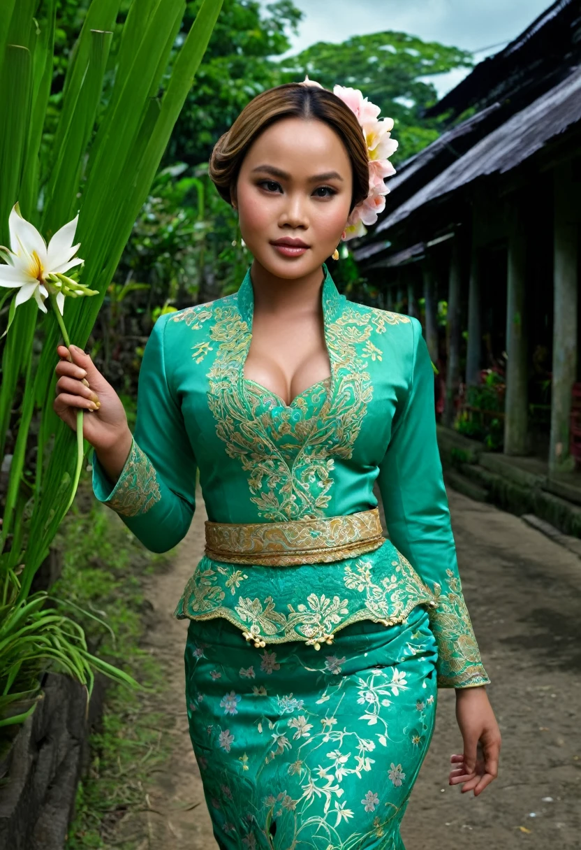 full body photo (abbie_cornish:0.6) Indonesian princess wearing kebaya in the village, very detailed face, lips, realistic, solo, medium breasts, firm skin, puffy, face, masterpiece, best quality, Intricate, High Detail, dramatic, holding a flower like offering something, front view