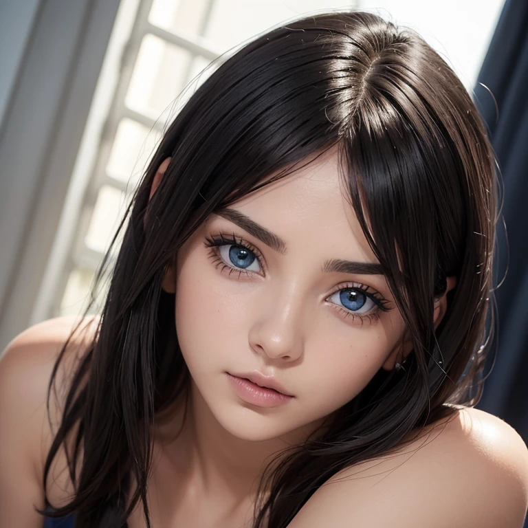 Attractive girl with big blue eyes and long hair with bangs and braided, on a nsfw bed,  looking at the viewer impressive huge tits and perfect image details 12k, rooms lighting and accessories,  full-body display 