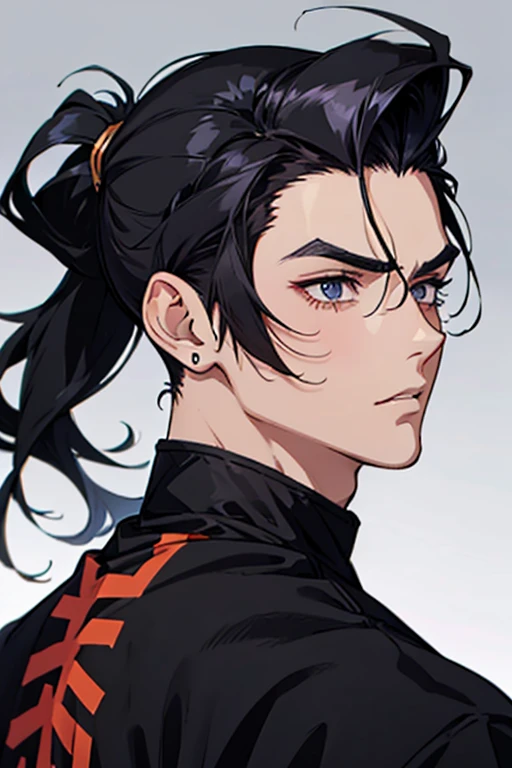 anime man gradient anime young black hair ponytail low back shaved on the sides turns the hair to the left side in the middle serious face with black earrings sweatshirt big hair