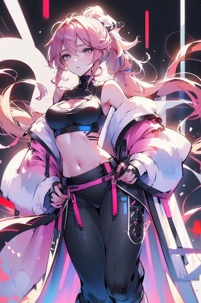 (simple white background), (a girl from Standing Pose), large pelvis, big breasts, narrow waist, healthy thighs, height 170cm, navel, cleavage, midriff, long hair, long sleeves, standing, ponytail, pink hair,headband, (Black:1.0) pants, (Black:1.0) shirt (white:1.0), (White:1.0) footwear, sneakers