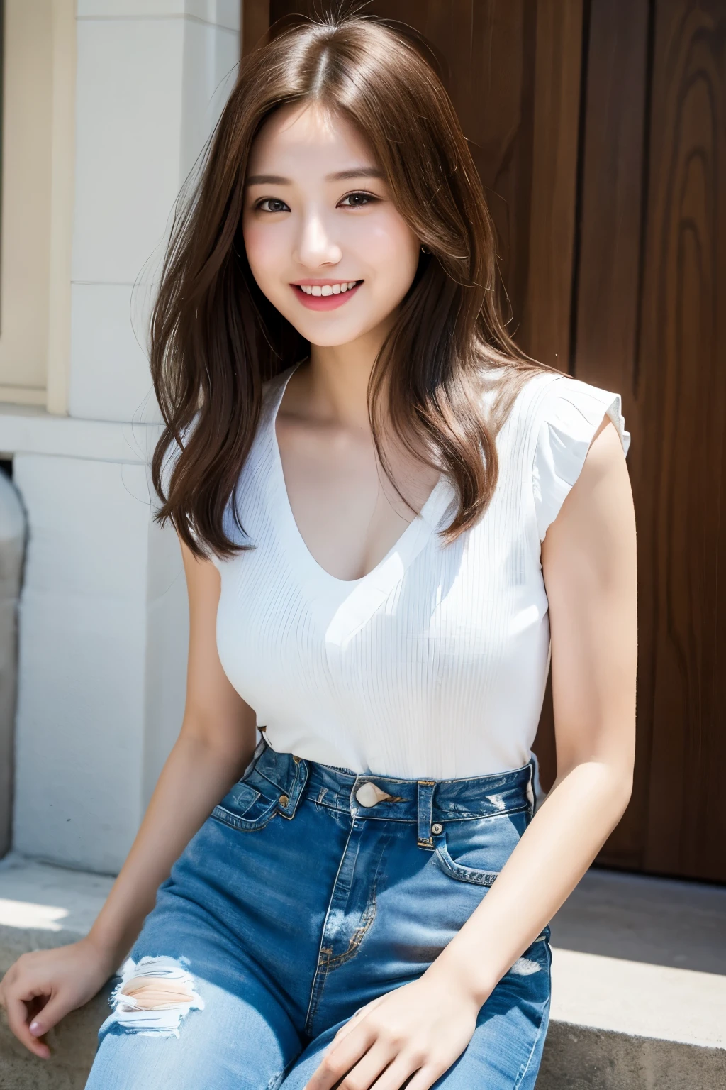 ((Realistic, high-resolution: 1.2)), 1 girl, smile: 1.1, white top: 1.1, suspender jeans: 1.1, direct gaze: 1.2. A beautifully captured moment, showcasing the genuine expression of happiness on a young woman's face. She wears a simple yet elegant white blouse and suspender jeans, exuding confidence and a playful charm. Her gaze is fixed directly onto the camera lens, capturing the essence of the image and the spirit of the moment.