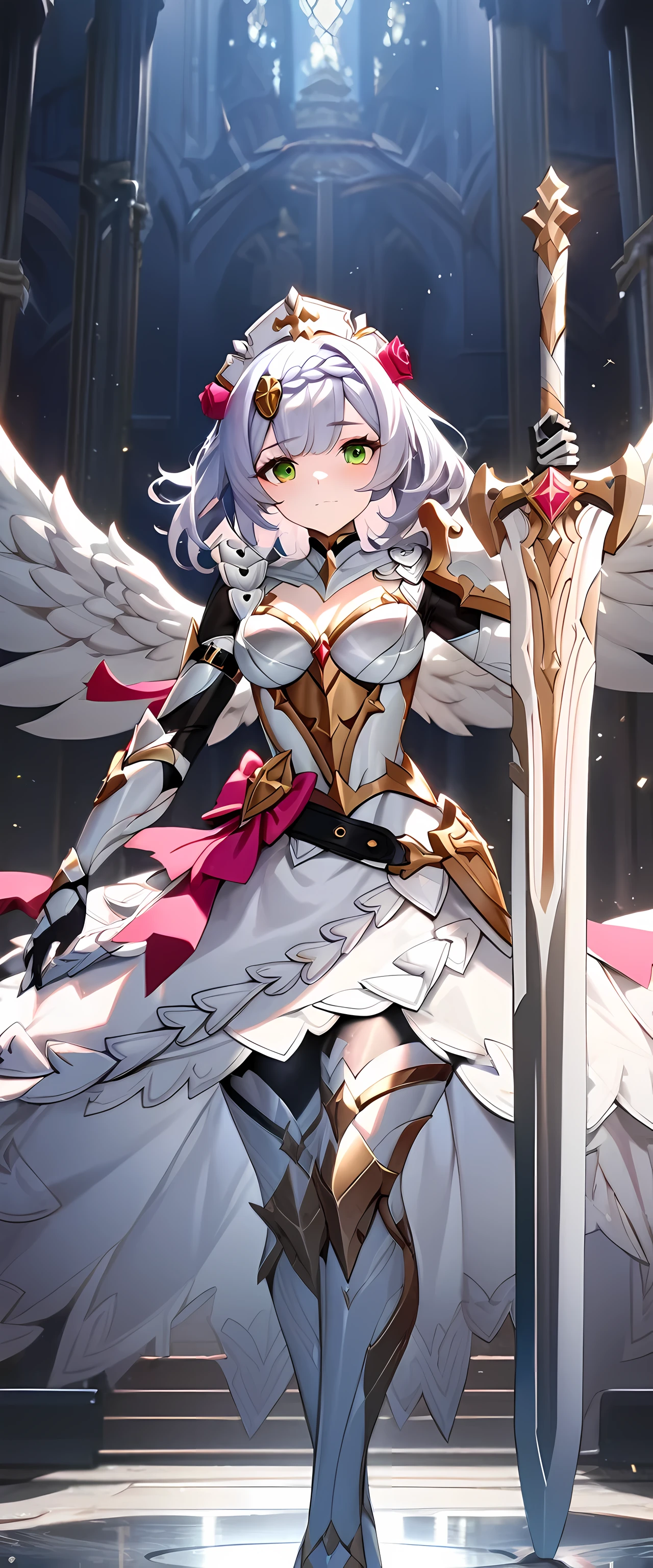 (masterpiece), best quality, 1girl,noelle_(genshin impact),Valkyrie, angel knight in withe dress and sliver armor, shiny armor, High-gloss armor, reflective metal armor, holding sword, (long_sword), pink long curly hair, green eyes, angel wings, white outfit, perfect lighting
