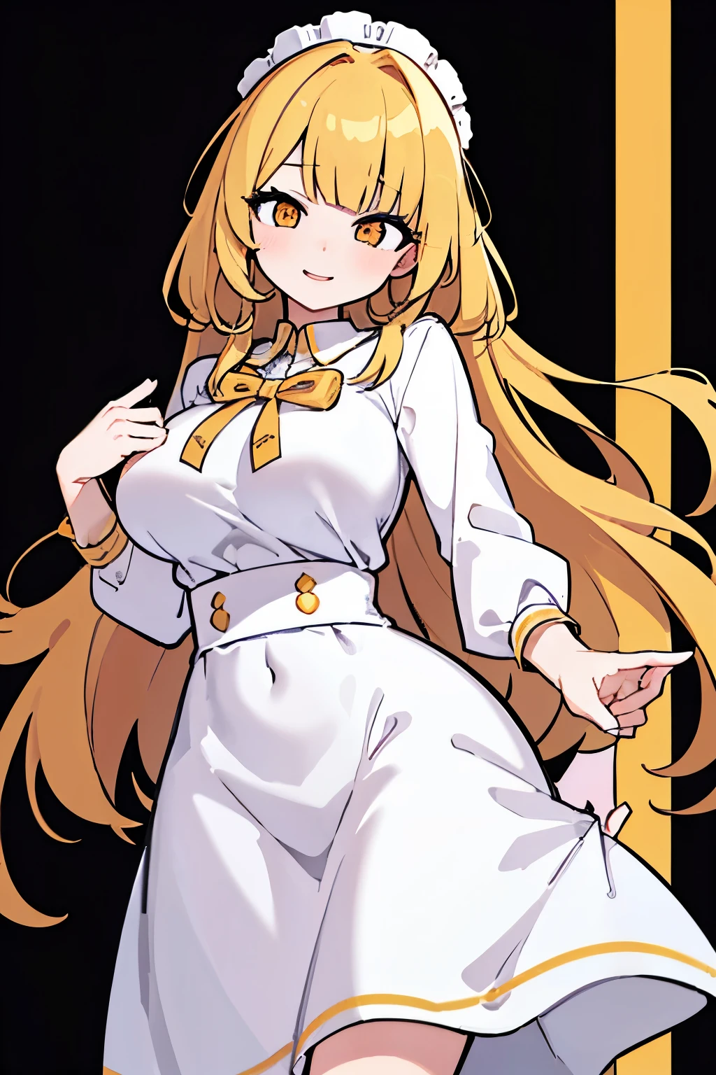 best quality, super fine, 16k, incredibly absurdres, extremely detailed, delicate, flashy and dynamic depiction, cute white woman, shy, smile, orange curly messy hair, wearing white long-sleeved and long skirt work clothes, portrait, gold eyes, background simple color, medieval western-style building