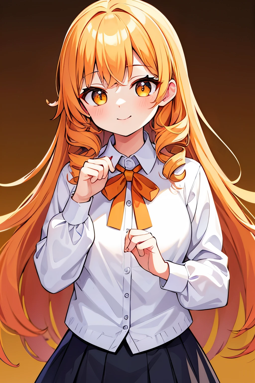 best quality, super fine, 16k, incredibly absurdres, extremely detailed, delicate, flashy and dynamic depiction, cute white woman, shy, smile, orange curly messy hair, wearing white long-sleeved and long skirt work clothes, portrait, gold eyes, background simple color, medieval western-style building