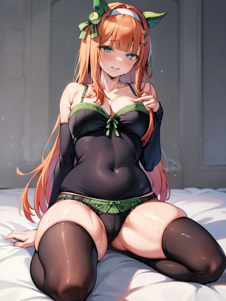 超Big Breastsの女の子、One Woman、Cute Woman、plump thighs、Best image quality、High resolution、masterpiece、super high quality、Spread your legs、green lace bra、green lace panties、I can see her panties、とてもBig Ass、The buttocks are too big、Blushing、Grinning face、4K quality、Thick thighs、Big Ass、Squat with your legs apart、Blushed、Big Breasts、Proud face、Wearing black stockings、bed、Spread your legs wide、Ridiculously big、Very big ass、Low angle shot、Breasts that are too big、Sweaty all over、G-Cup、There&#39;s a stain on my panties