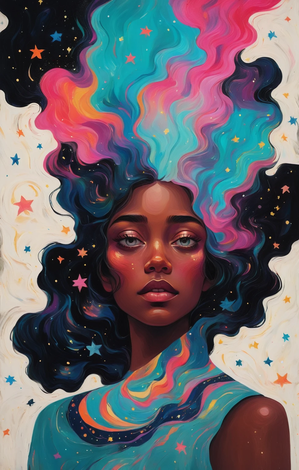 chiaroscuro technique on sensual illustration of an A girl standing under a night sky filled with shooting stars of good fortune. The scene is depicted in the style of an oil painting, with vibrant colors and rich textures. The girl has a dreamy expression and her eyes are beautifully detailed, with long eyelashes. The focus is on the girl's face, which has photorealistic features - detailed eyes, nose, and lips. Her hair flows freely, adding movement to the scene. The overall atmosphere is magical and mysterious, with a touch of whimsy. The background is an abstract portrayal of a female figure, blending seamlessly with the shooting stars. The lighting is ethereal, with a soft glow illuminating the girl and the surrounding stars. The artwork is of the best quality, with high-resolution details and vibrant colors. The medium used is an oil painting technique, creating depth and texture. The overall composition is a masterpiece, capturing the viewer's attention and evoking a sense of wonder.