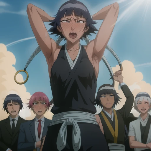 ( Animation screenshots:1.1),outdoor, Nipples exposed, 1 woman, alone, black hair, side breasts,eternal, short hair with long locks, japanese clothing, - Hip vents, no underwear,short hair, small breasts, (white eyes:1.1),No eyeballs, Also available in black, no headgear,low double braids,facing the audience, looking at the audience, tired, from below, (Exposed armpit:1.1), ((armpit:1.2)), Sexy, Sweat dripping, More and more sweat,(ahegao), (Roll your eyes), naughty face, blush, open mouth, Sticking out tongue, saliva, Slobber,Runny nose,skinny, raise arms, (arms above head:1.5)