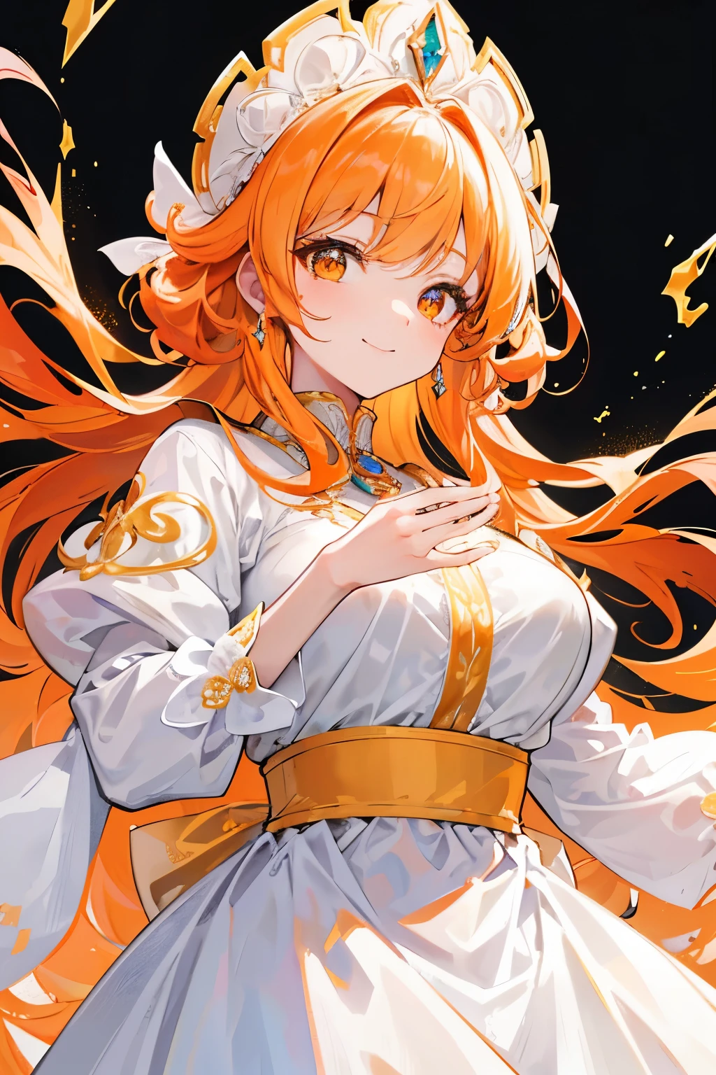 best quality, super fine, 16k, incredibly absurdres, extremely detailed, delicate, flashy and dynamic depiction, cute white woman, shy, smile, orange curly messy hair, wearing white long-sleeved and long skirt work clothes, portrait, gold eyes, background simple color, medieval western-style building