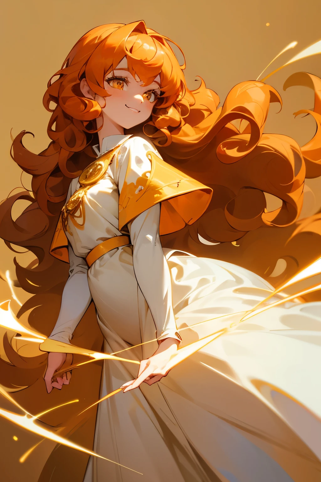 best quality, super fine, 16k, incredibly absurdres, extremely detailed, delicate, flashy and dynamic depiction, cute white woman, shy, smile, orange curly messy hair, wearing white long-sleeved and long skirt work clothes, portrait, gold eyes, background simple color, medieval western-style building
