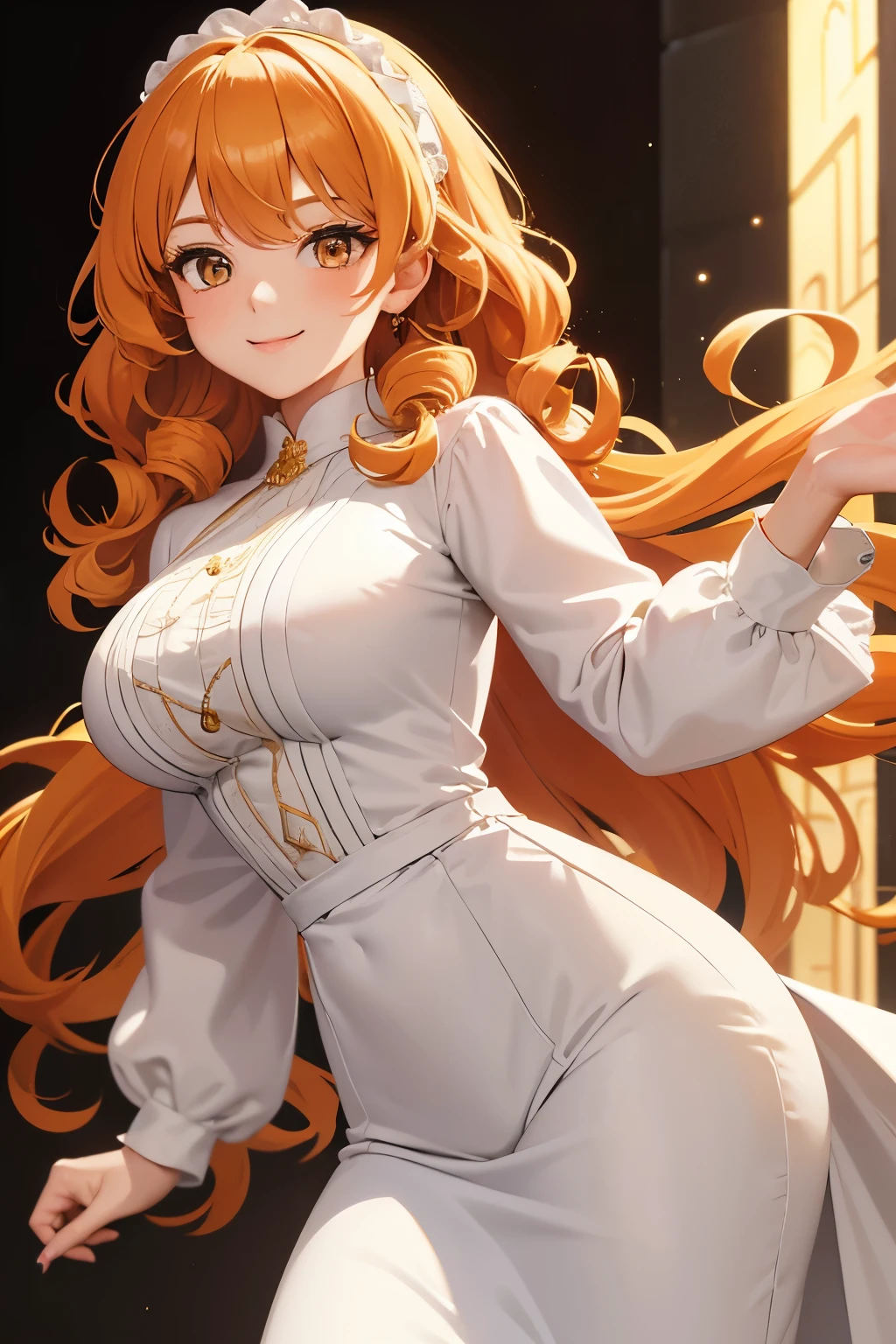 best quality, super fine, 16k, incredibly absurdres, extremely detailed, delicate, flashy and dynamic depiction, cute white woman, shy, smile, orange curly messy hair, wearing white long-sleeved and long skirt work clothes, portrait, gold eyes, background simple color, medieval western-style building