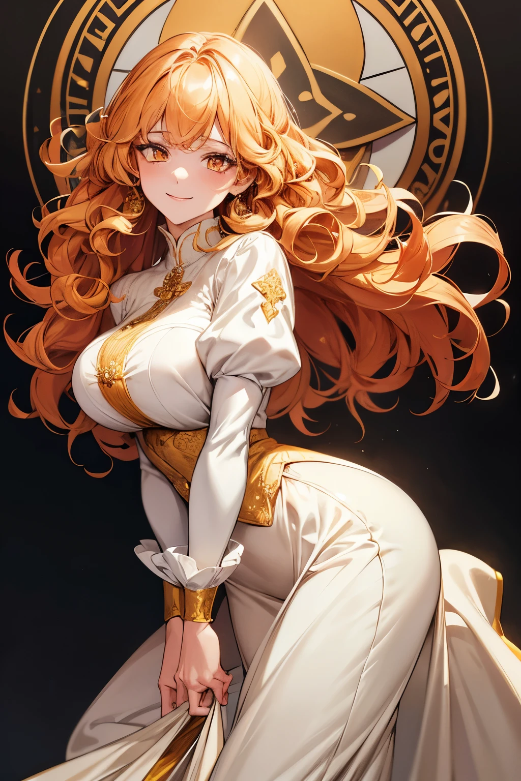 best quality, super fine, 16k, incredibly absurdres, extremely detailed, delicate, flashy and dynamic depiction, cute white woman, shy, smile, orange curly messy hair, wearing white long-sleeved and long skirt work clothes, portrait, gold eyes, background simple color, medieval western-style building