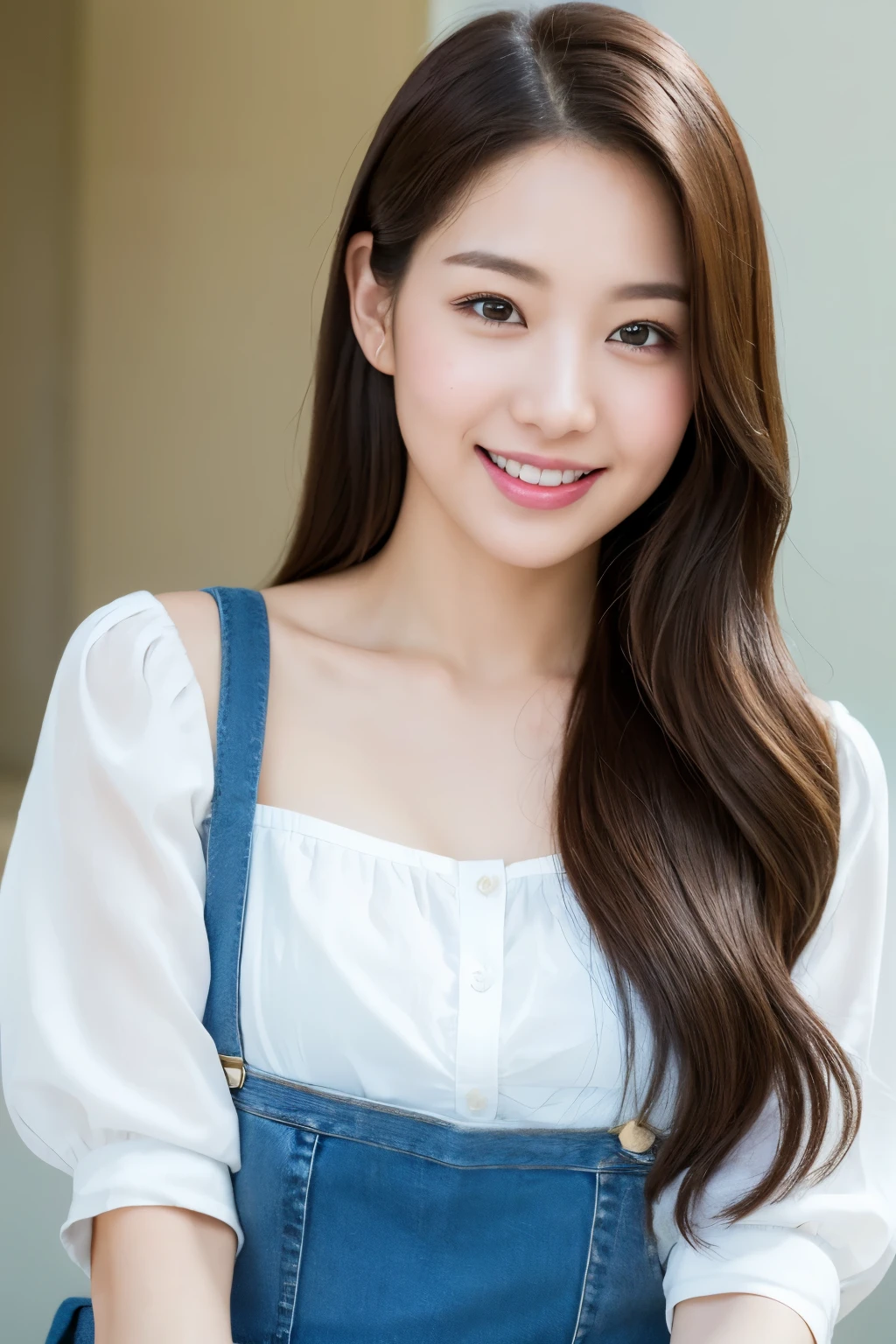 ((Realistic, high-resolution: 1.2)), 1 girl, smile: 1.1, white top: 1.1, suspender jeans: 1.1, direct gaze: 1.2. A beautifully captured moment, showcasing the genuine expression of happiness on a young woman's face. She wears a simple yet elegant white blouse and suspender jeans, exuding confidence and a playful charm. Her gaze is fixed directly onto the camera lens, capturing the essence of the image and the spirit of the moment.