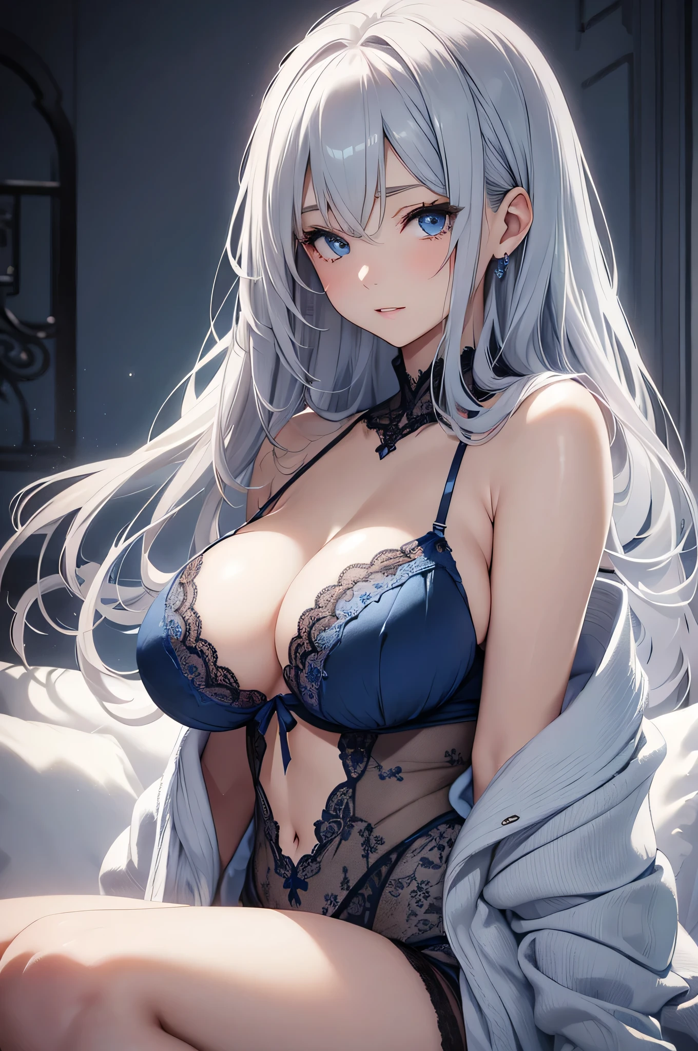 beautiful girl, Gray Hair, blue eyes, Sexy light blue lingerie and navy blue lace, Big Breasts、