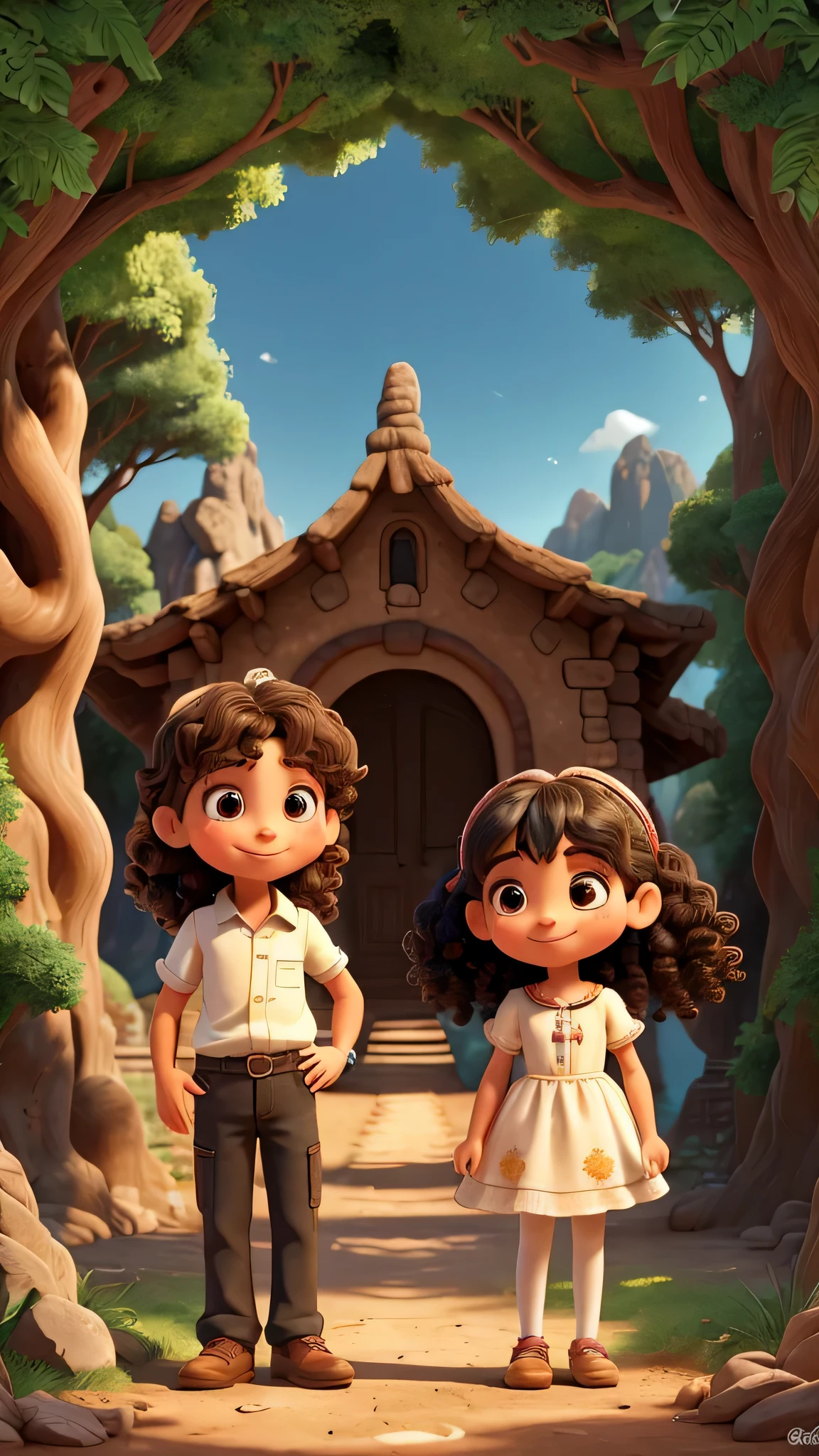 An illustration of Lucca and Valeska, two happy children, One is a 4-year-old boy with white hair, big black eyes, long eyelashes and curly hair., The other is a 2-year-old tan girl with big black eyes and semi-wavy hair. They are both standing in front of a cave in the forest.. Lucca sostiene un mapa antiguo y Valeska sostiene una linterna. Behind them, se puede ver un cofre brillante en el interior de la cueva. En la parte superior, Title "El Tesoro Compartido" It's written in big, colorful letters..