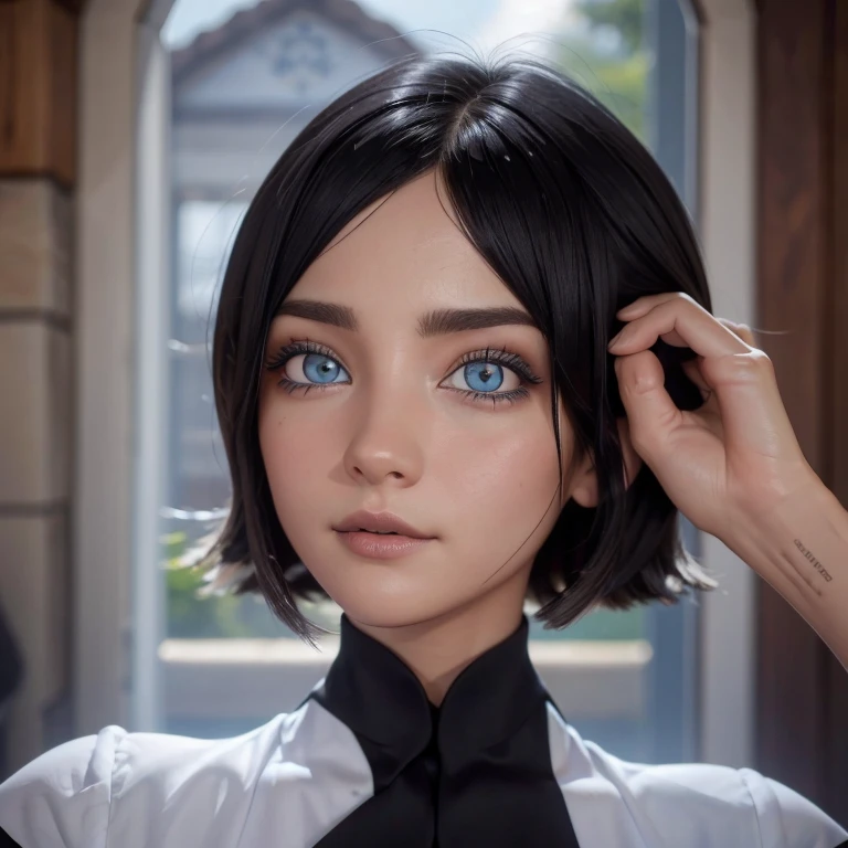 ((Mejor calidad)), ((obra maestra)), (detallado), cara perfecta, ojos azules, cabello negro corto con flequillo estilo bob labios voluminosos nariz respingada belleza extraordinaria y muy detallado