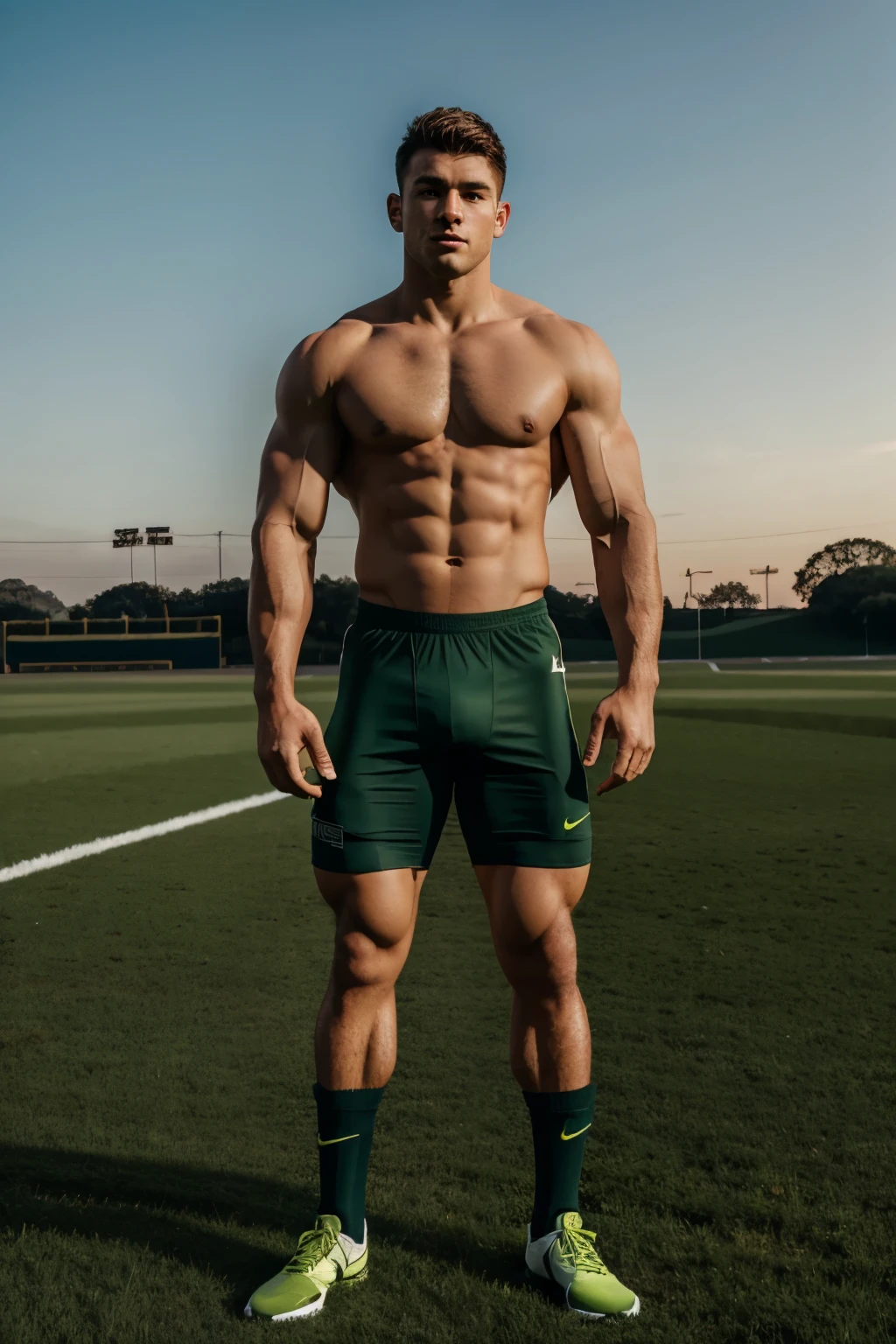 full view, one La cross white bodybuilded over-muscular guy player in full dark green uniform and socks, geared, with short undercut light brown hair, standing alone in the middle of the field, posing